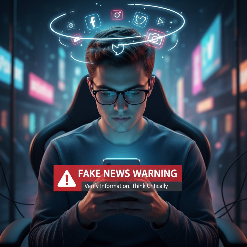 Młoda osoba patrząca na telefon, otoczona ikonami mediów społecznościowych i ostrzeżeniami o fake newsach