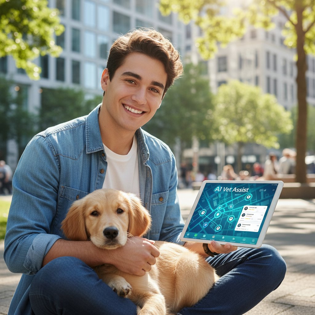 Młody właściciel psa korzystający z aplikacji AI, na pulpicie wyświetla się mapa klinik, jasny dzień, nowoczesne osiedle