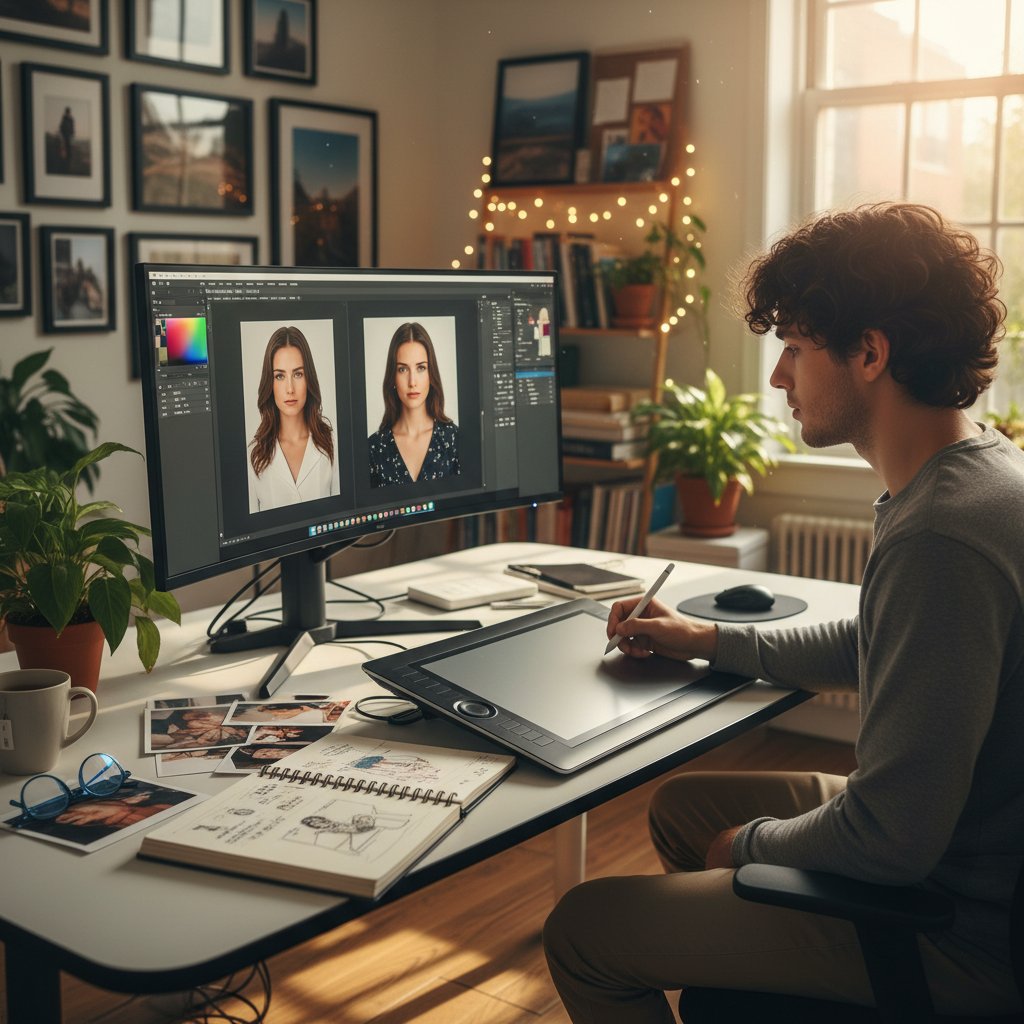 Młoda fotografka na kursie retuszu, komputer, notatki, inspirująca atmosfera