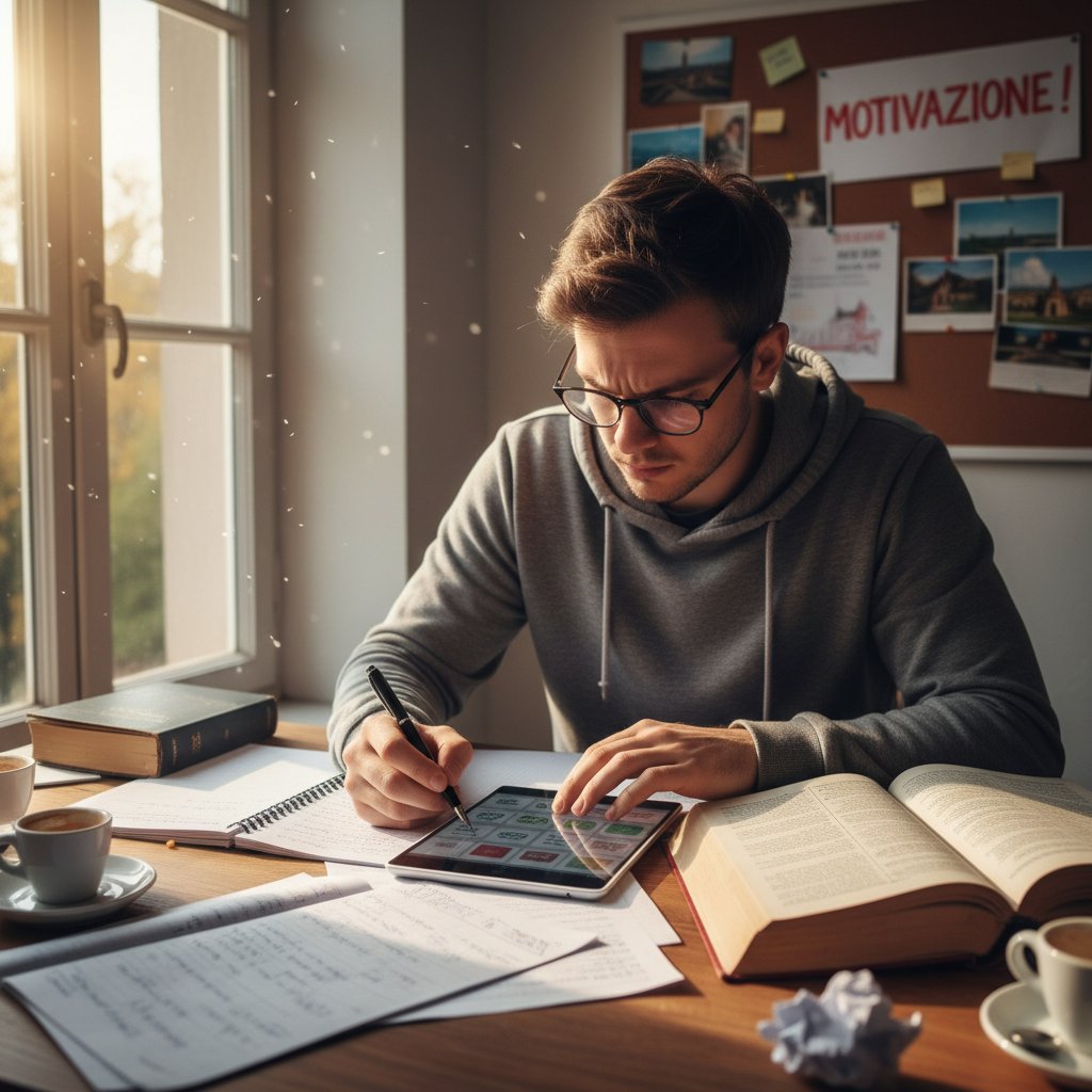 Młody Polak zdeterminowany do nauki pisania po włosku, patrzący w ekran, motywacja i skupienie