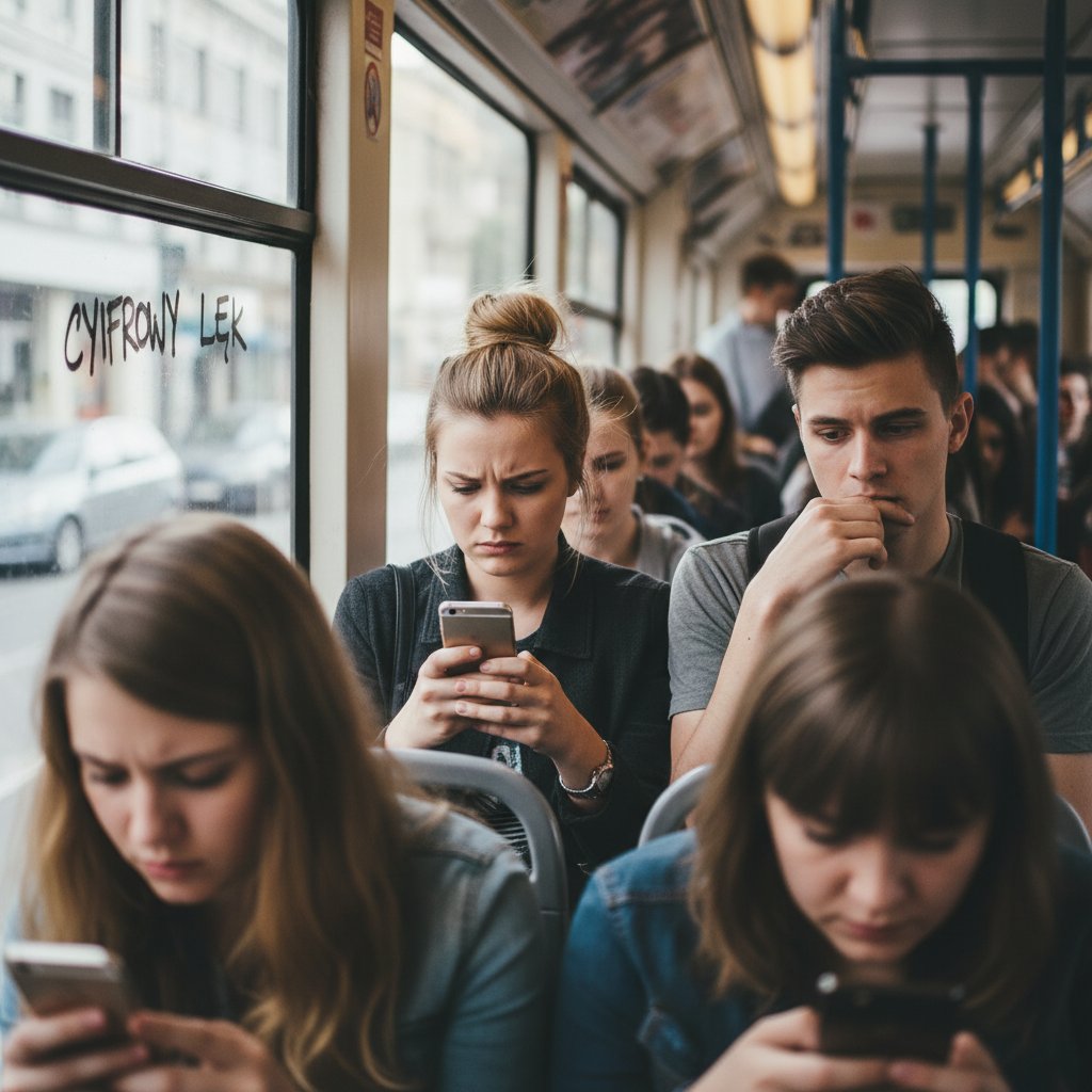 Młodzi Polacy w komunikacji miejskiej, skupieni na telefonach – wizualizacja skali zjawiska FOMO w kraju