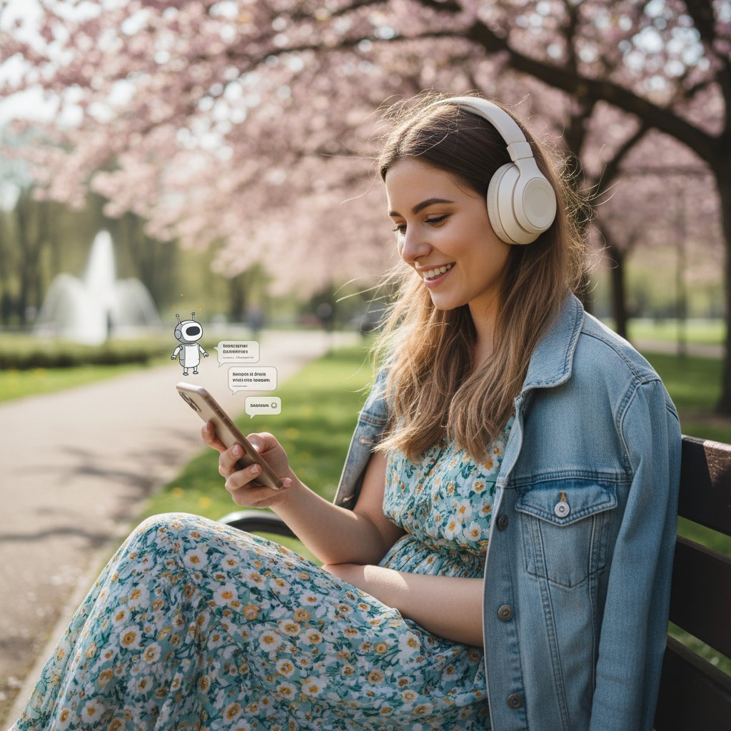 Młody Polak rozmawia z AI w parkowej scenerii, słuchawki, naturalna radość, w tle wiosna
