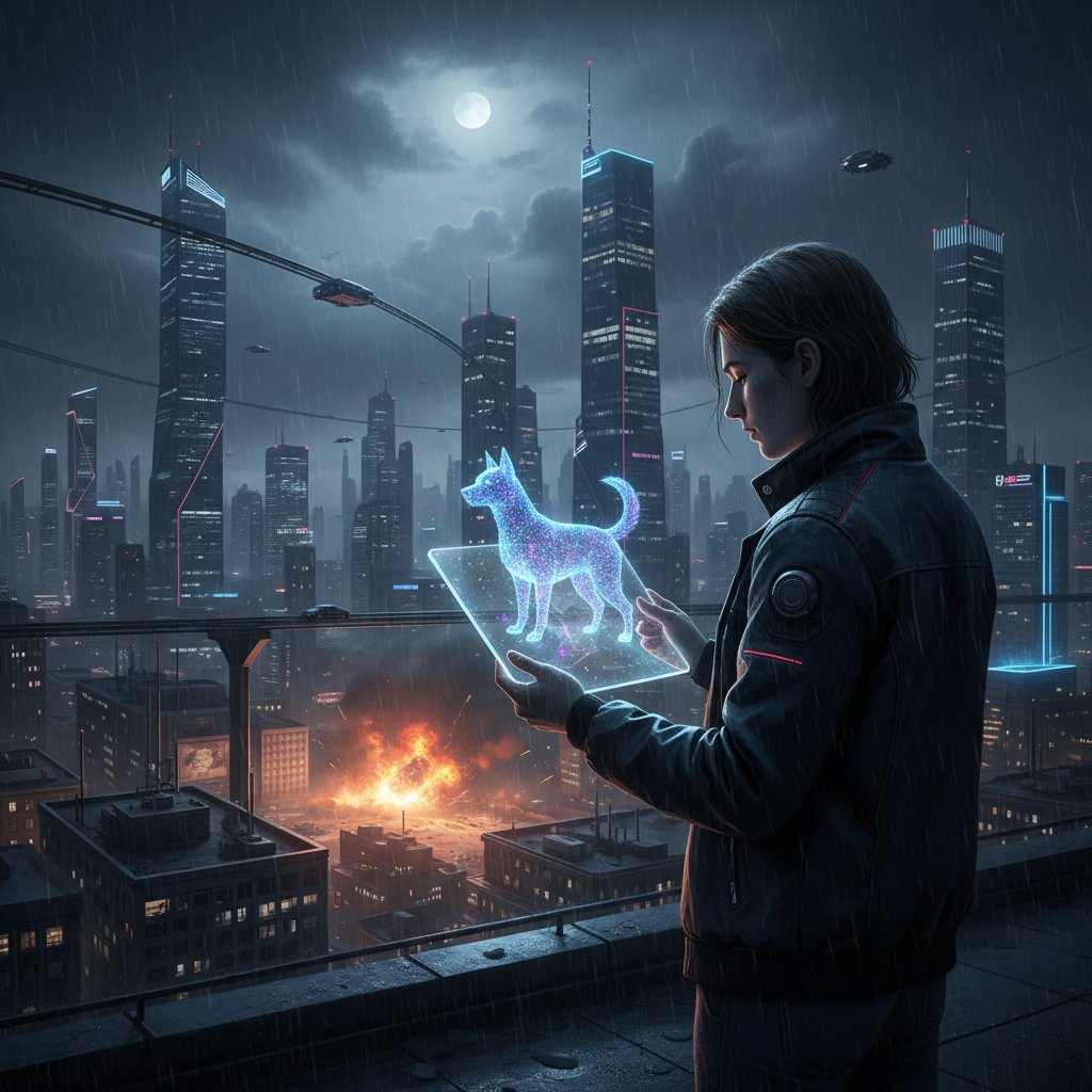 Młoda osoba w polskim mieszkaniu nocą opiekująca się realistycznym wirtualnym psem na tablecie, z silnym światłem miasta za oknem