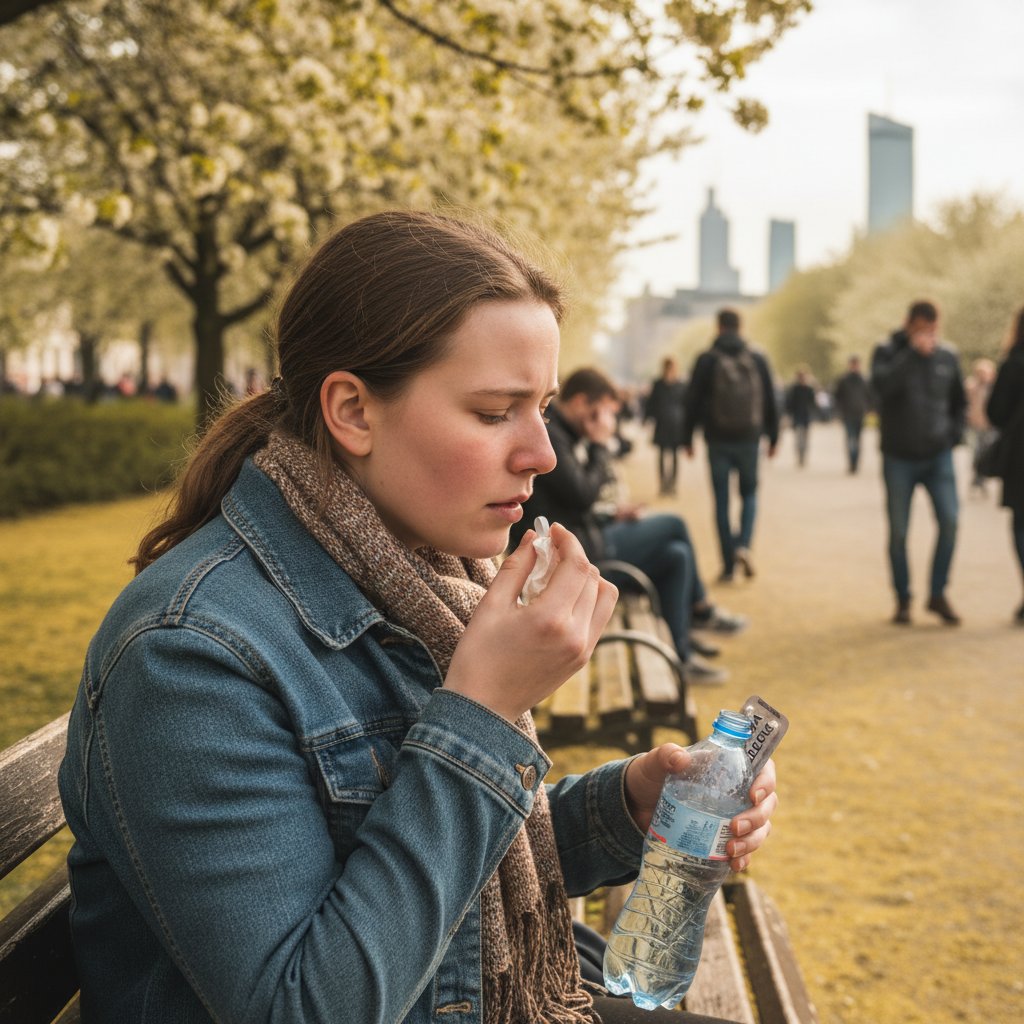 Młody Polak trzymający tabletkę na alergię w miejskim otoczeniu, pyłki w powietrzu, scena realistyczna