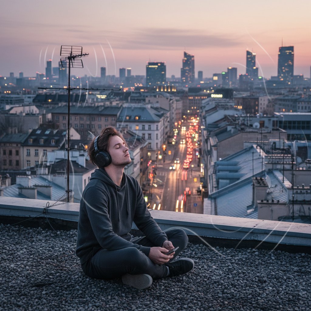 Młody Polak siedzący na dachu wieżowca w Warszawie, zamyślony, w słuchawkach – stres i relaksacja w jednym kadrze.