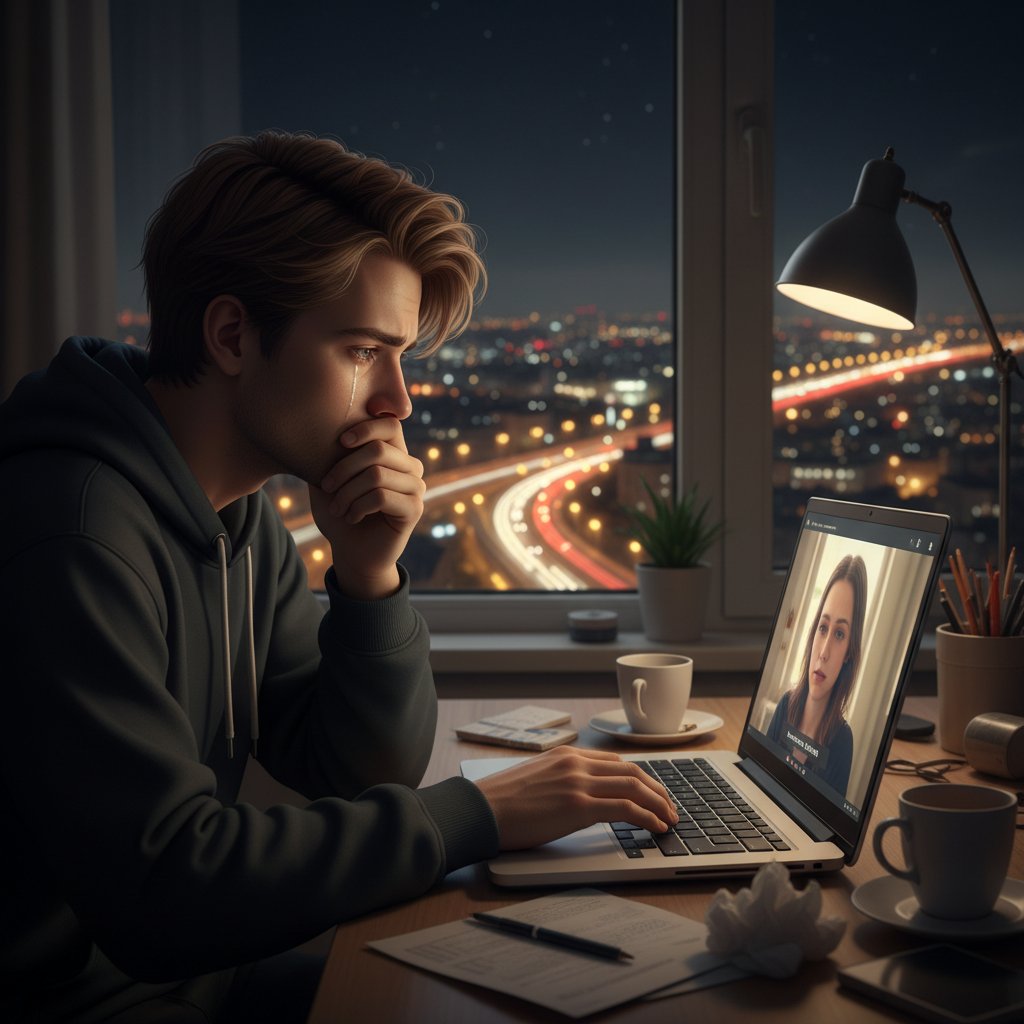 Młody Polak prowadzi emocjonalną rozmowę online nocą przy komputerze