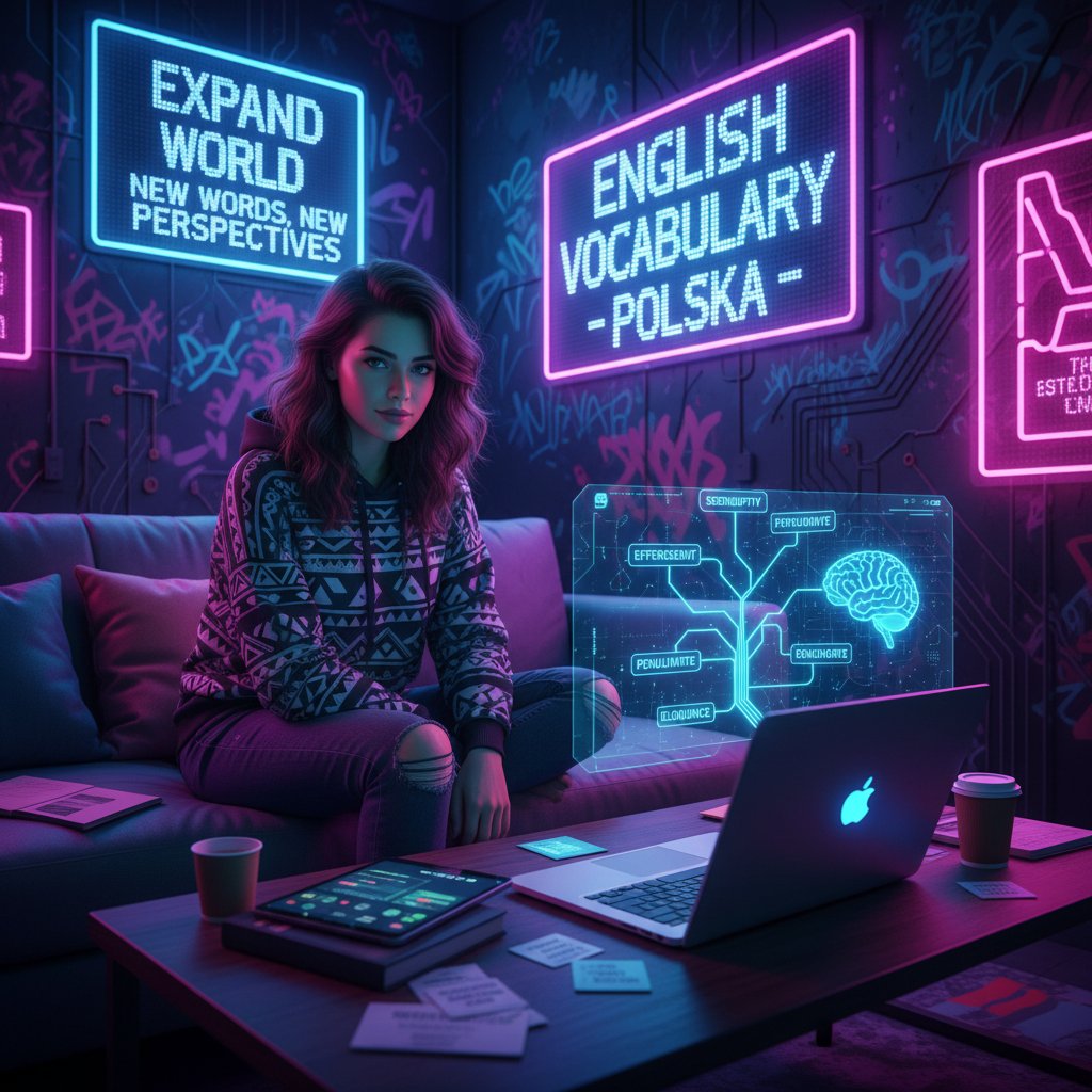 Młody Polak uczący się angielskiego online w neonowym pokoju, wokół unoszą się słówka, atmosfera skupienia