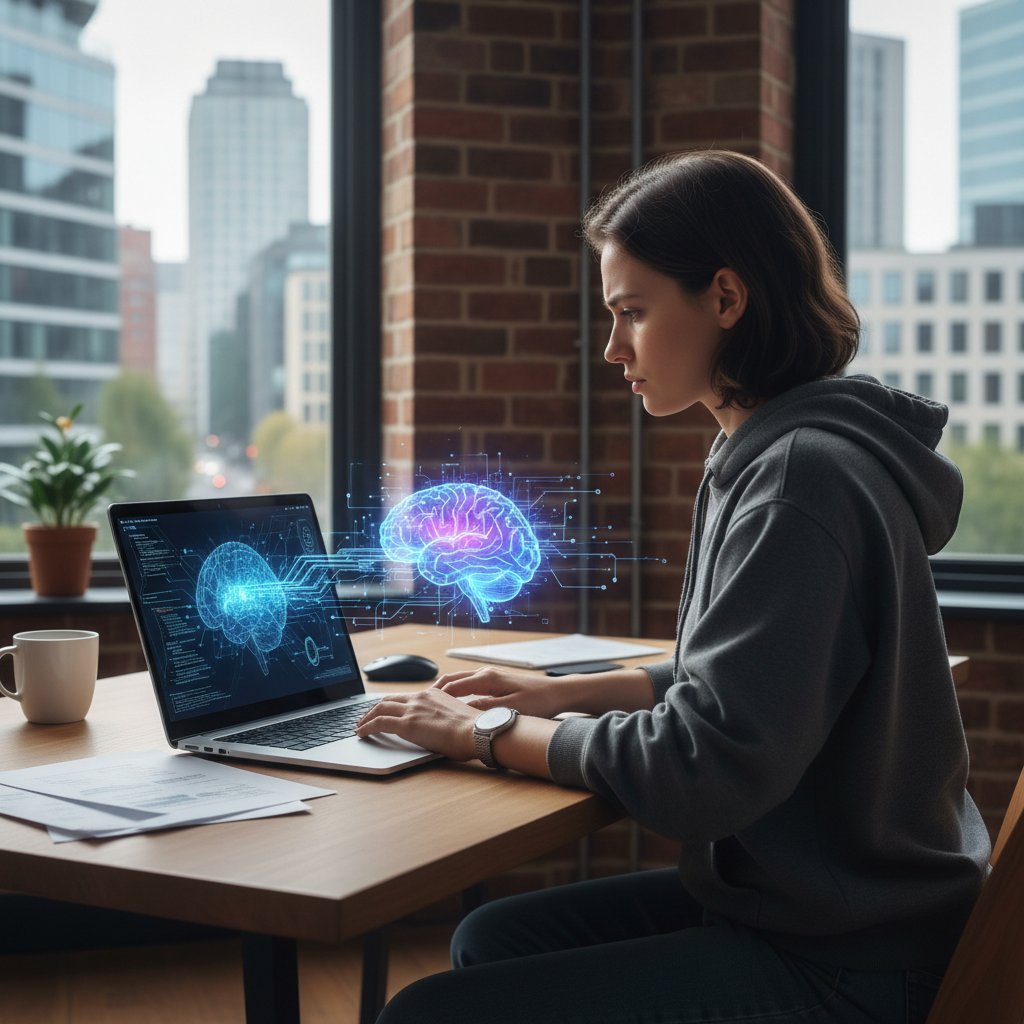 Młody Polak rozmawiający po niemiecku online w miejskim mieszkaniu, atmosfera skupienia, elementy AI na ekranie