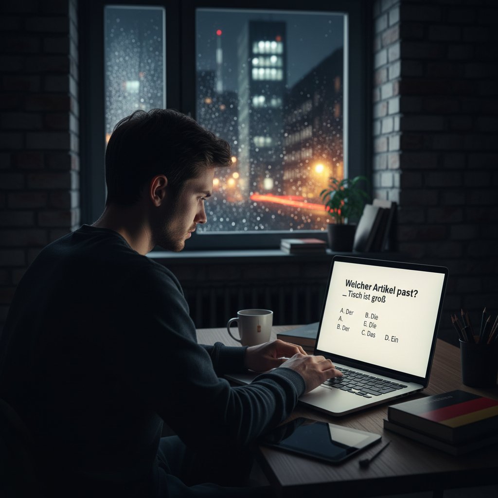 Osoba rozwiązująca test z języka niemieckiego online nocą w miejskim mieszkaniu, widok na ekran i światła miasta