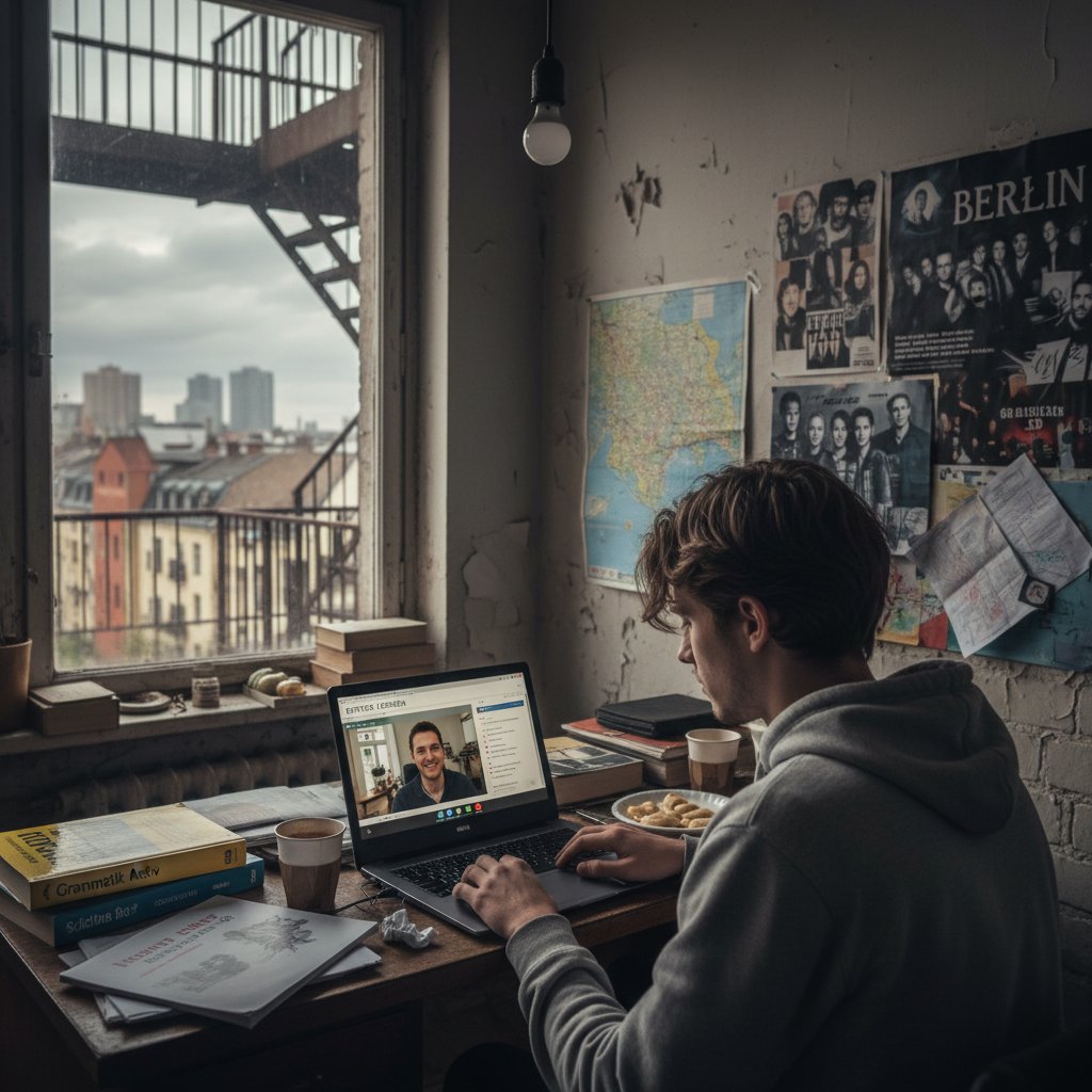 Młoda osoba ucząca się niemieckiego online w nocy, z laptopem, kawą i notatkami, słowa kluczowe: zajęcia niemiecki online, nauka niemieckiego przez internet