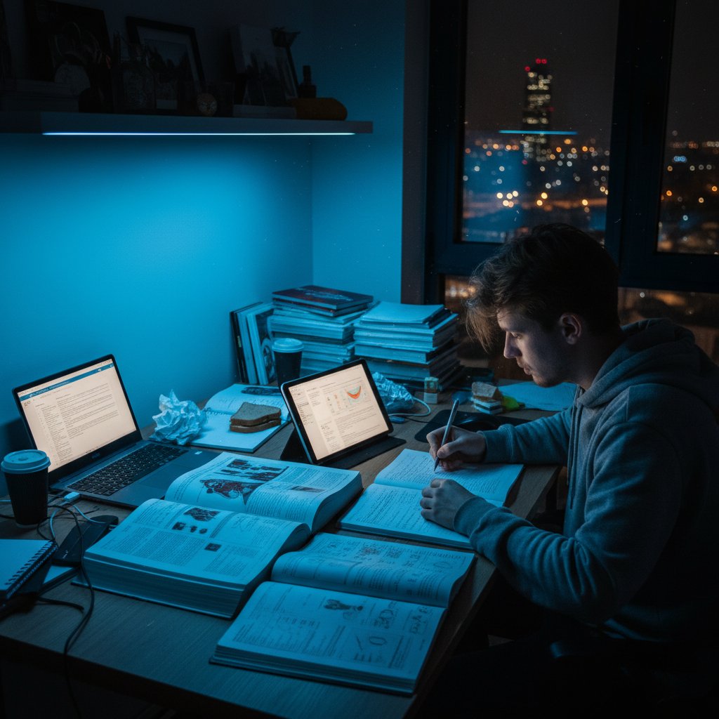 Młoda osoba w polskim mieszkaniu, skupiona nad książkami medycznymi i laptopem, noc, napięta atmosfera, światło neonowe