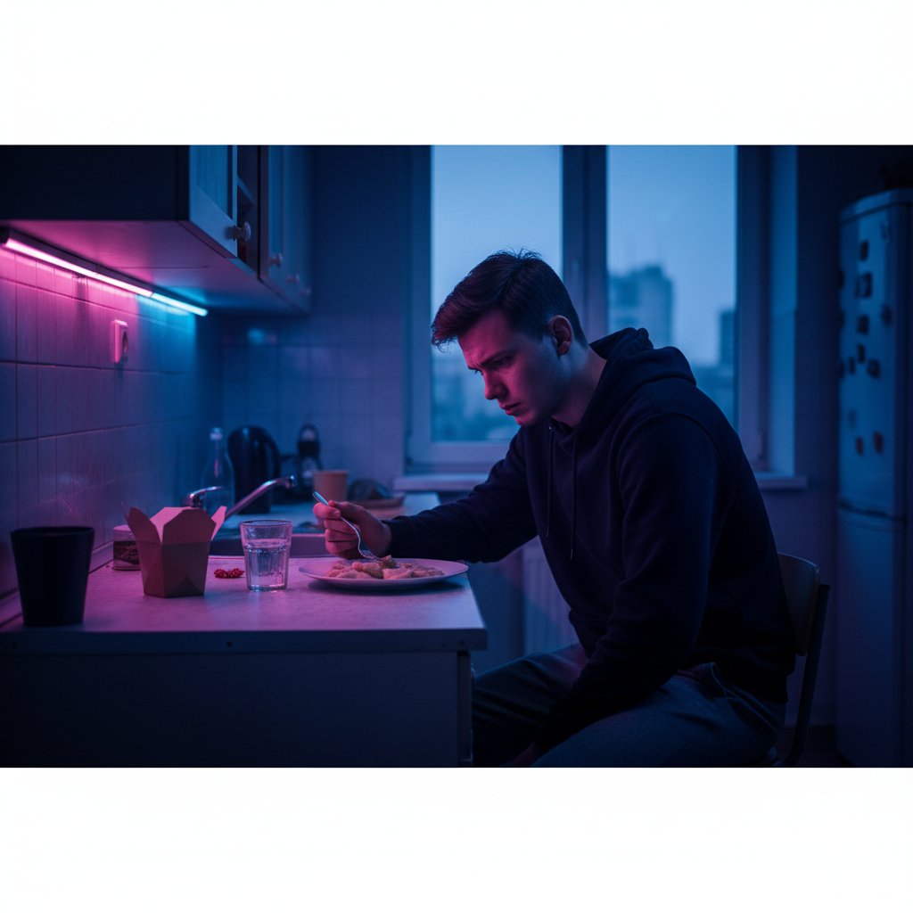 Młoda osoba z widocznym dyskomfortem siedząca nocą w kuchni, temat: refluks żołądkowy, polska rzeczywistość