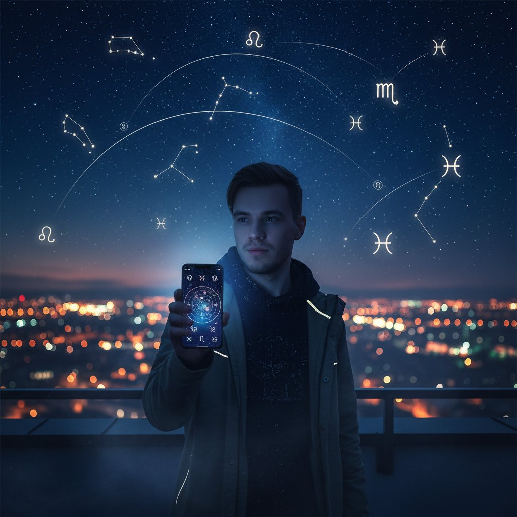 Młoda osoba z Polski patrząca w nocne niebo ze smartfonem, miasto w tle, subtelne symbole zodiaku