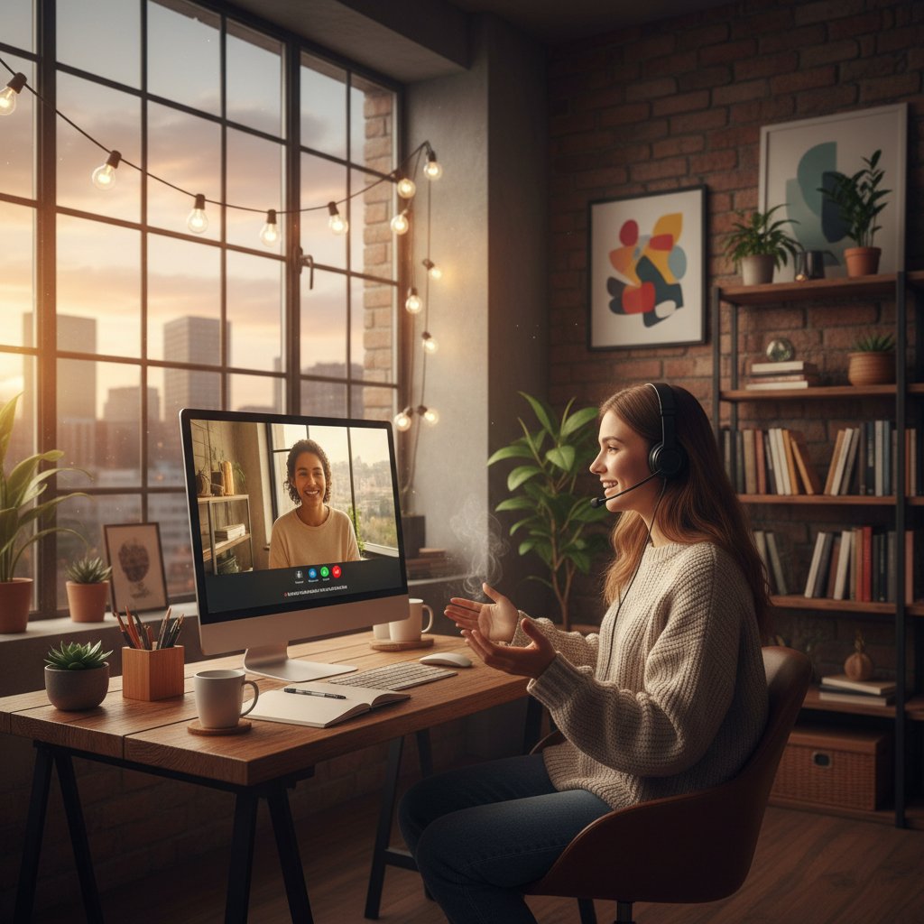 Młody Polak przełamujący lęk przed mówieniem po hiszpańsku online w domowym wnętrzu, skupienie na twarzy, laptop