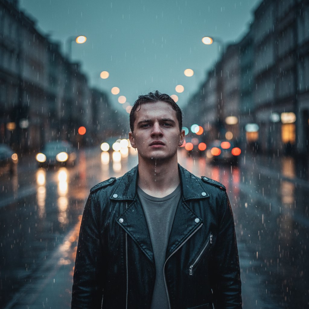 Młoda osoba w deszczu, symbolizująca walkę o odporność psychiczną