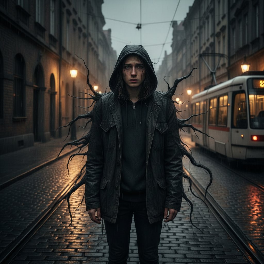 Młody Polak w miejskiej scenerii stawia czoło abstrakcyjnemu cieniowi lęku, silne emocje, urbanistyczny klimat