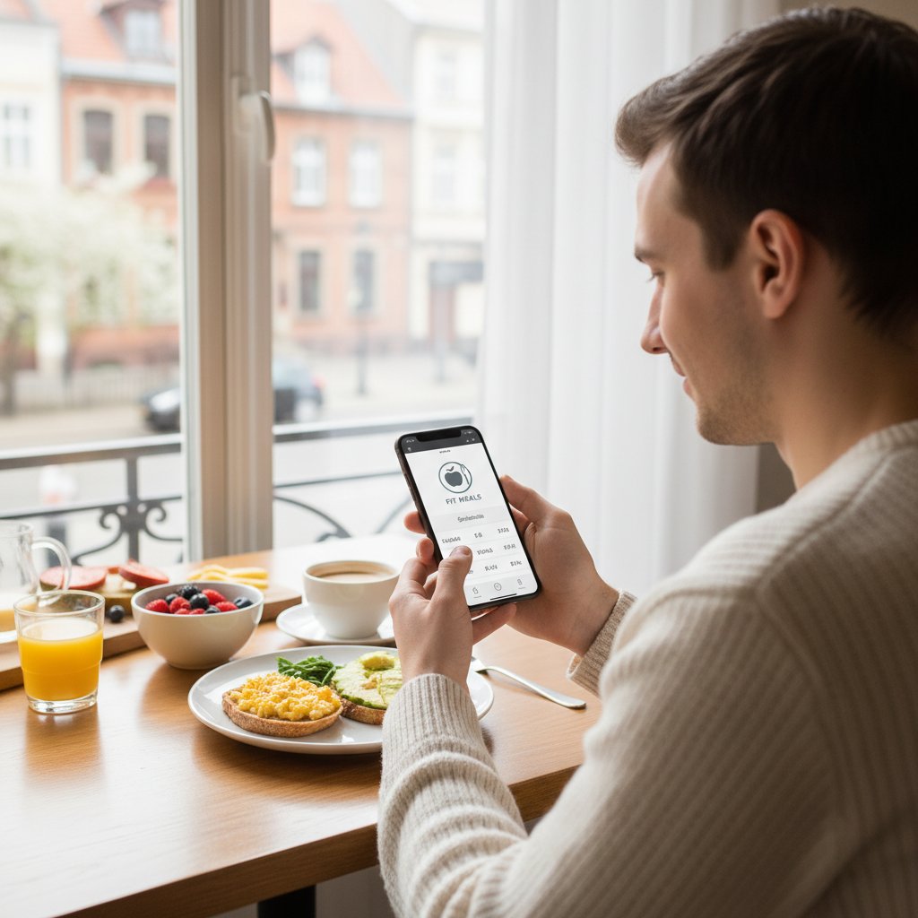 Aplikacje do monitorowania diety DASH, młoda osoba korzystająca ze smartfona przy śniadaniu
