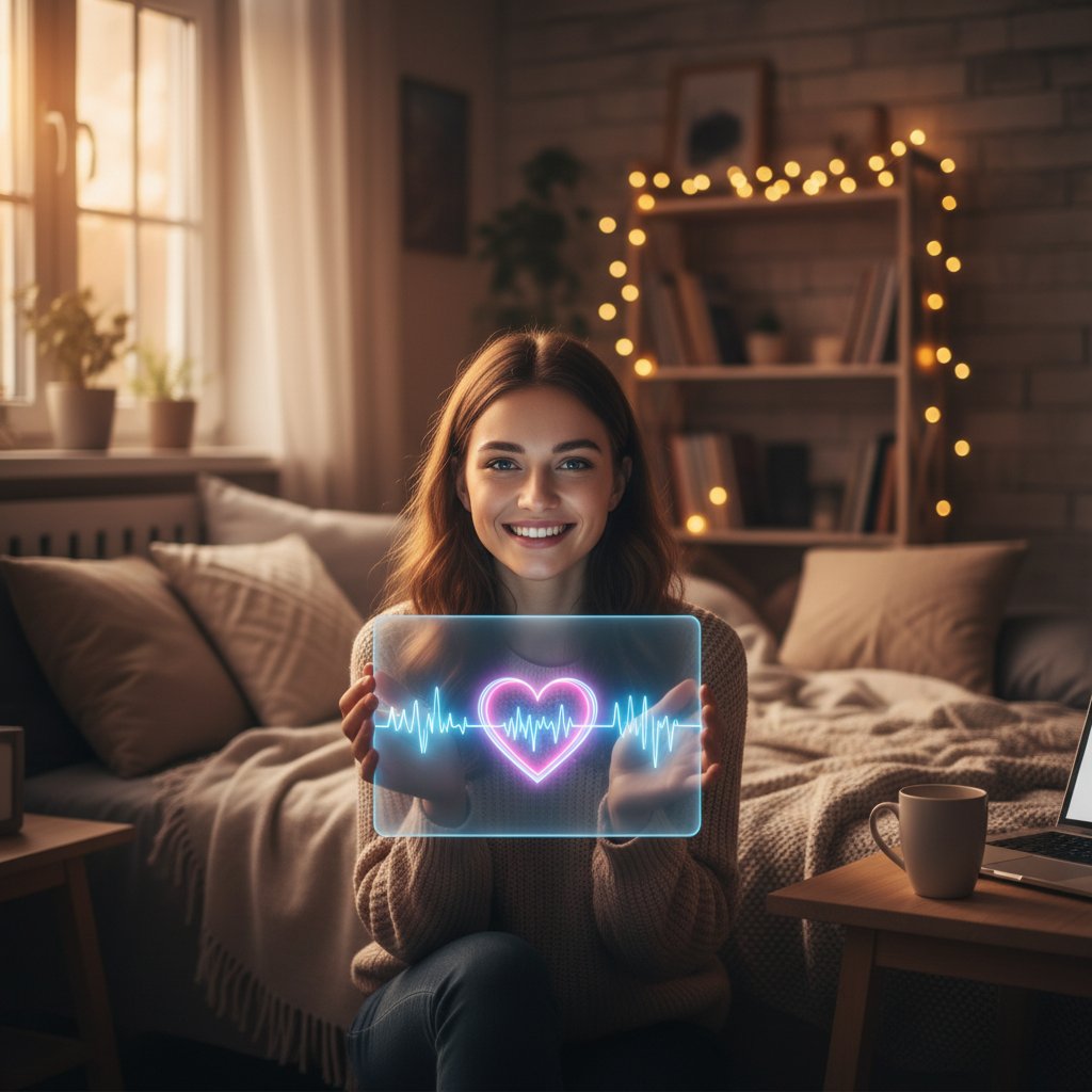 Młoda osoba uśmiecha się do monitora podczas rozmowy po polsku, słowa kluczowe: rozmowy online, czat po polsku, dobre samopoczucie