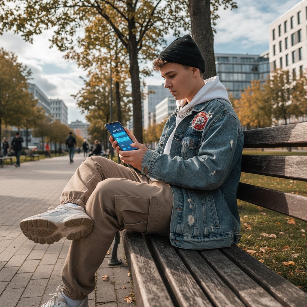 Młody Polak w streetwearze rozmawia z AI przez smartfon w miejskim parku