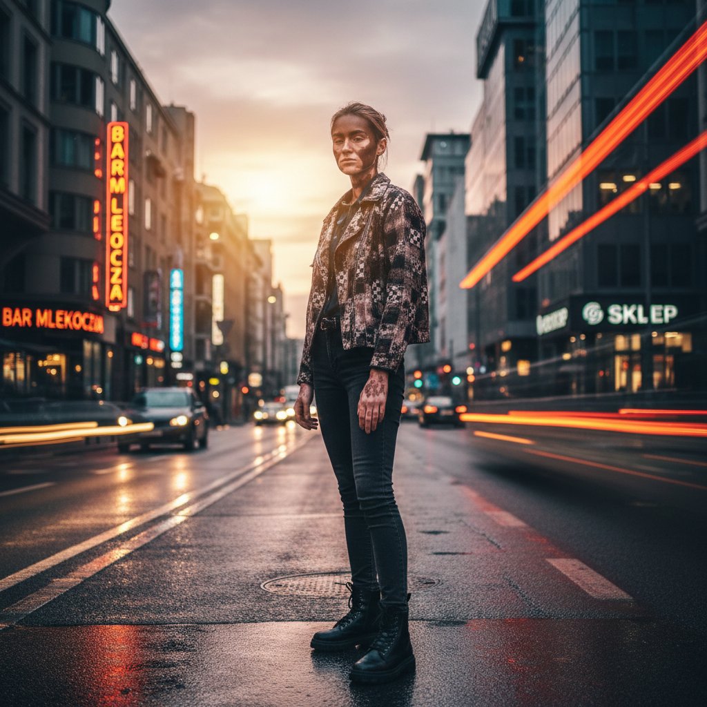 Osoba z bielactwem na tle miejskiej architektury, odważna poza, nowoczesny styl