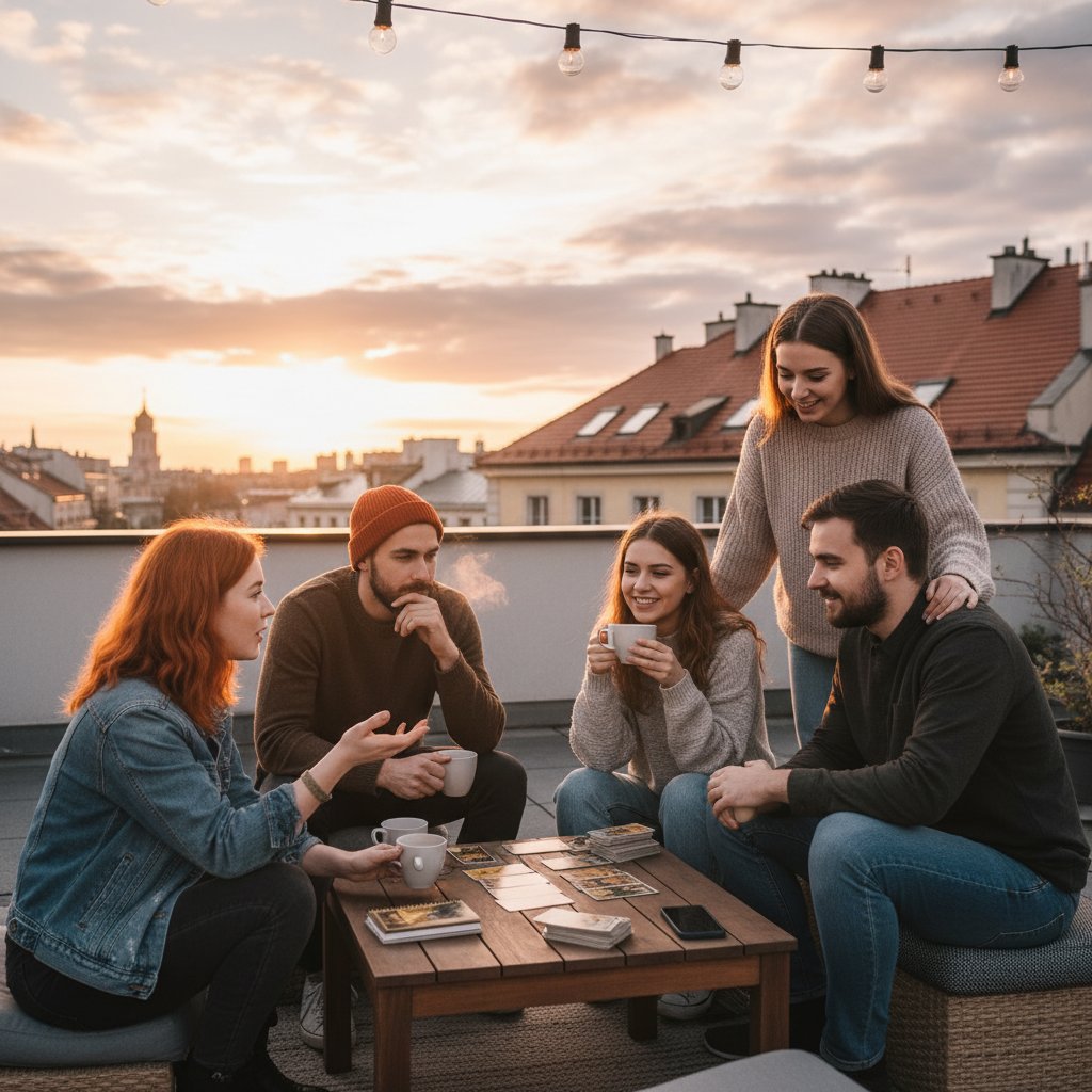 Młodzi Polacy rozmawiający o tarocie na dachu przy zachodzie słońca, swobodna i optymistyczna atmosfera