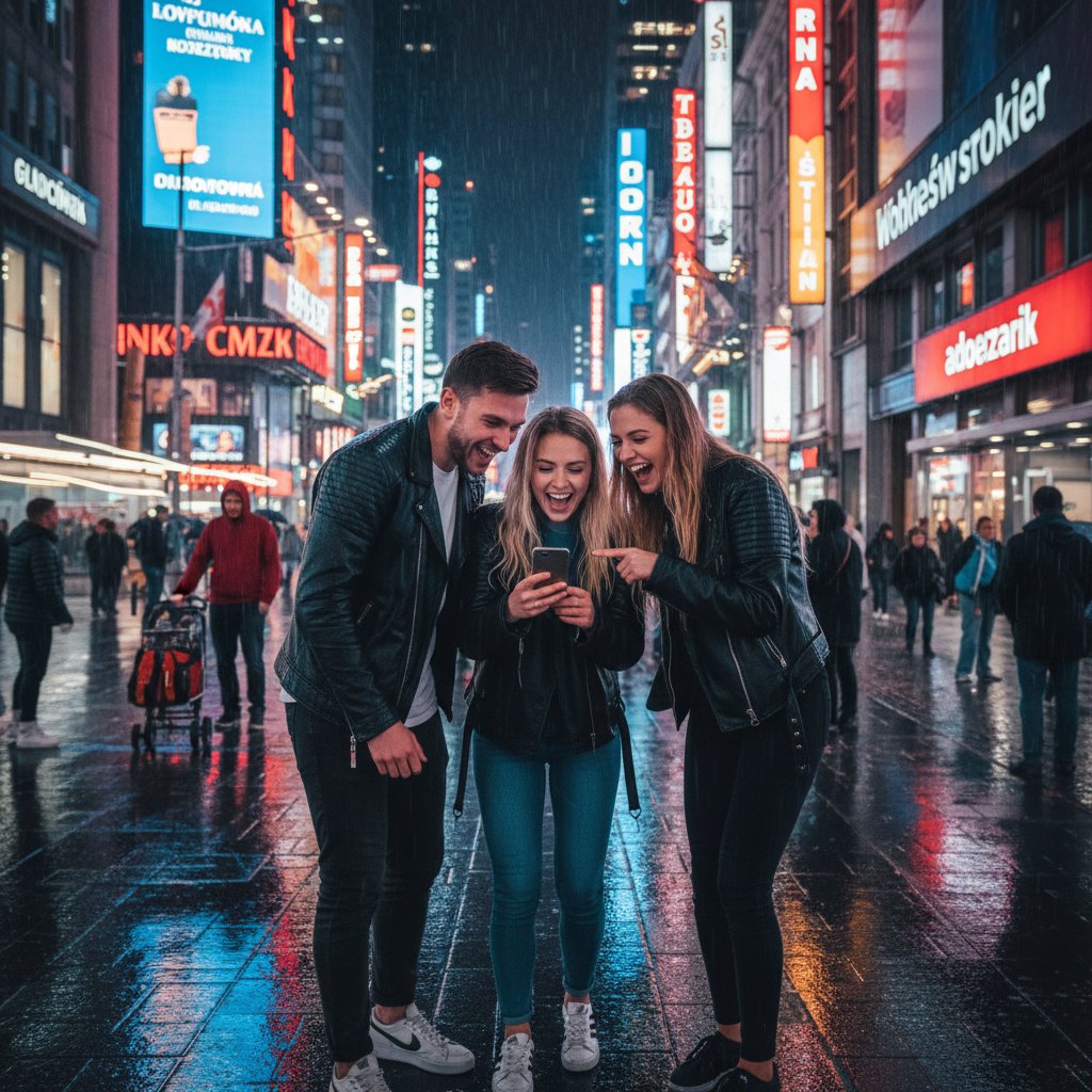 Dwoje młodych ludzi rozmawia przez smartfony w nocnym, neonowym mieście, atmosfera luźnej rozmowy online