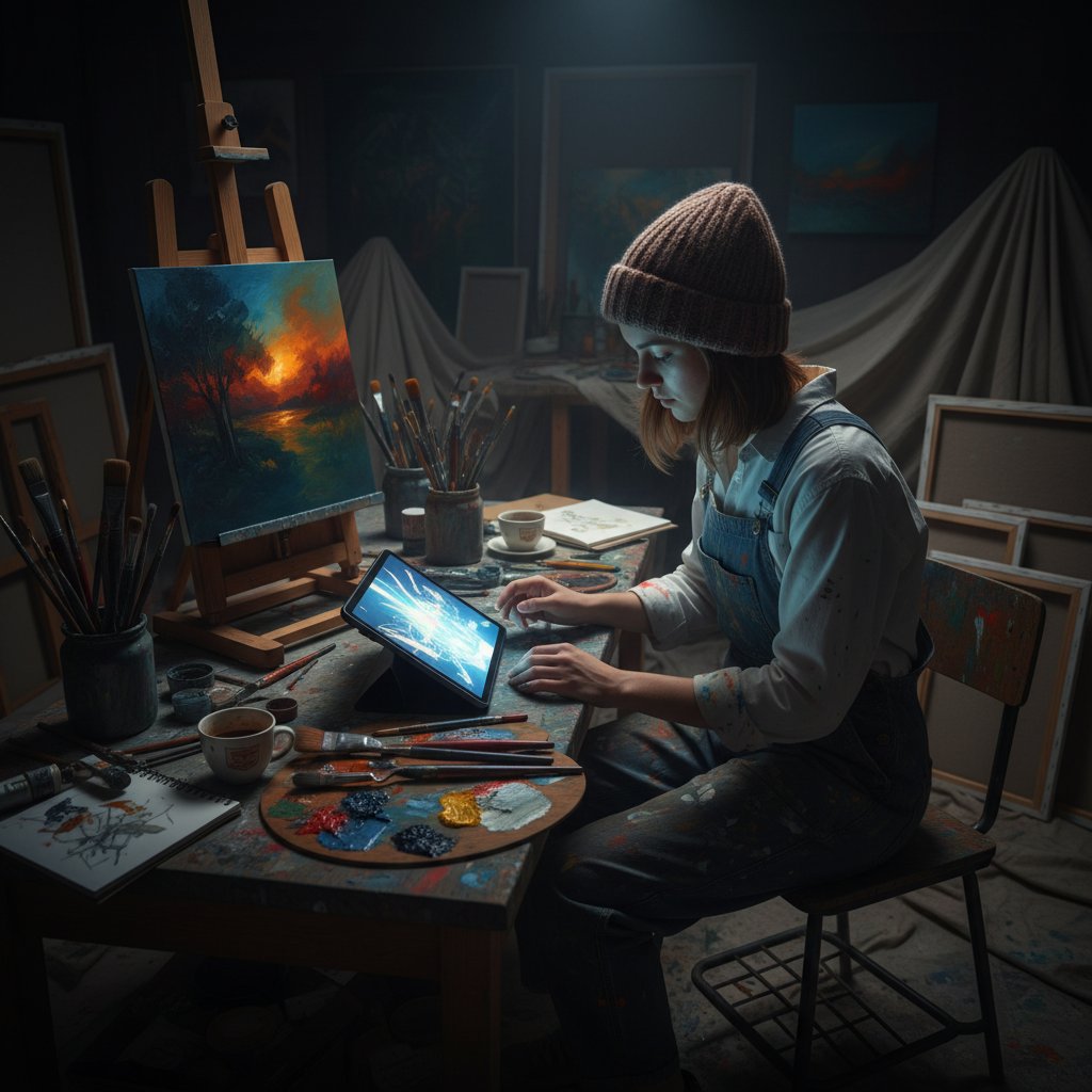 Młody artysta w nocnym studio, otoczony tradycyjnymi narzędziami i tabletem, malarska atmosfera