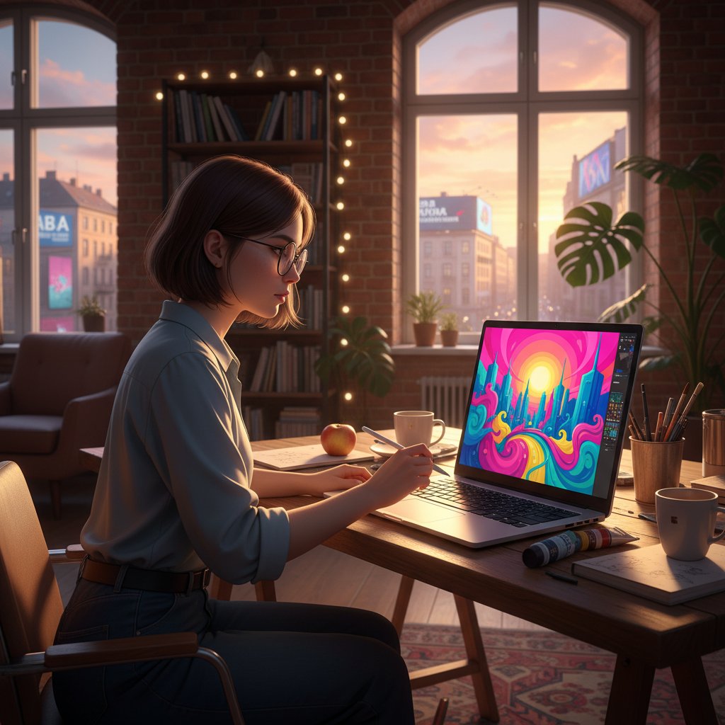 Młoda artystka z Polski maluje przy biurku z laptopem, stylus w dłoni, intensywne kolory na płótnie i ekranie, mieszkanie miejskie o zmierzchu