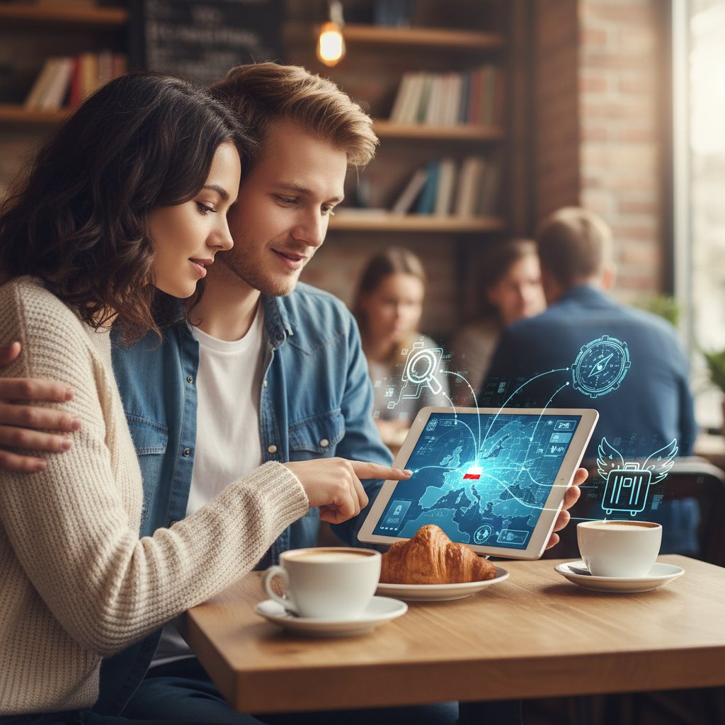 Młoda polska para planująca podróż z tabletem w kawiarni.