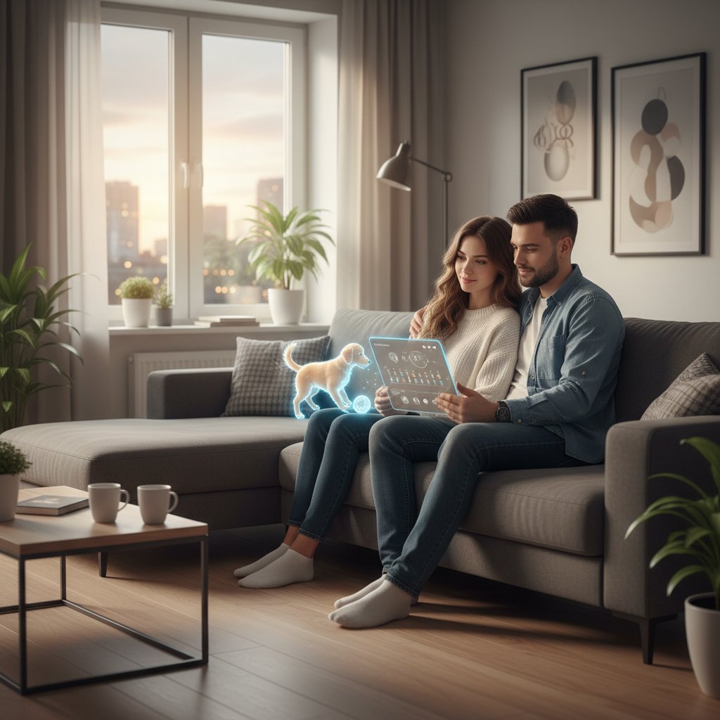Młoda para zastanawia się nad adopcją wirtualnego psa w nowoczesnym mieszkaniu, wieczorna atmosfera