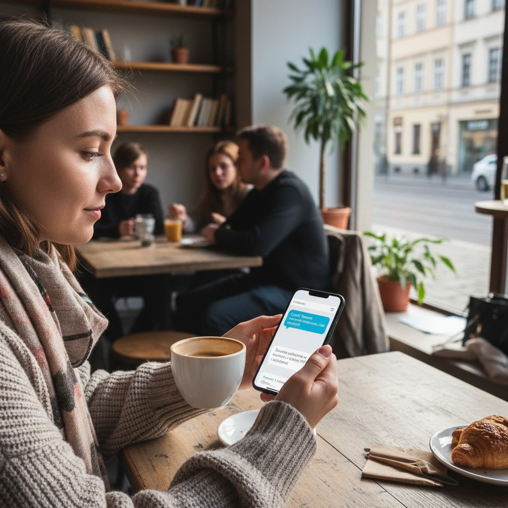 Młoda klientka uśmiecha się do smartfona, widoczna rozmowa z chatbotem w aplikacji, kawiarnia w tle