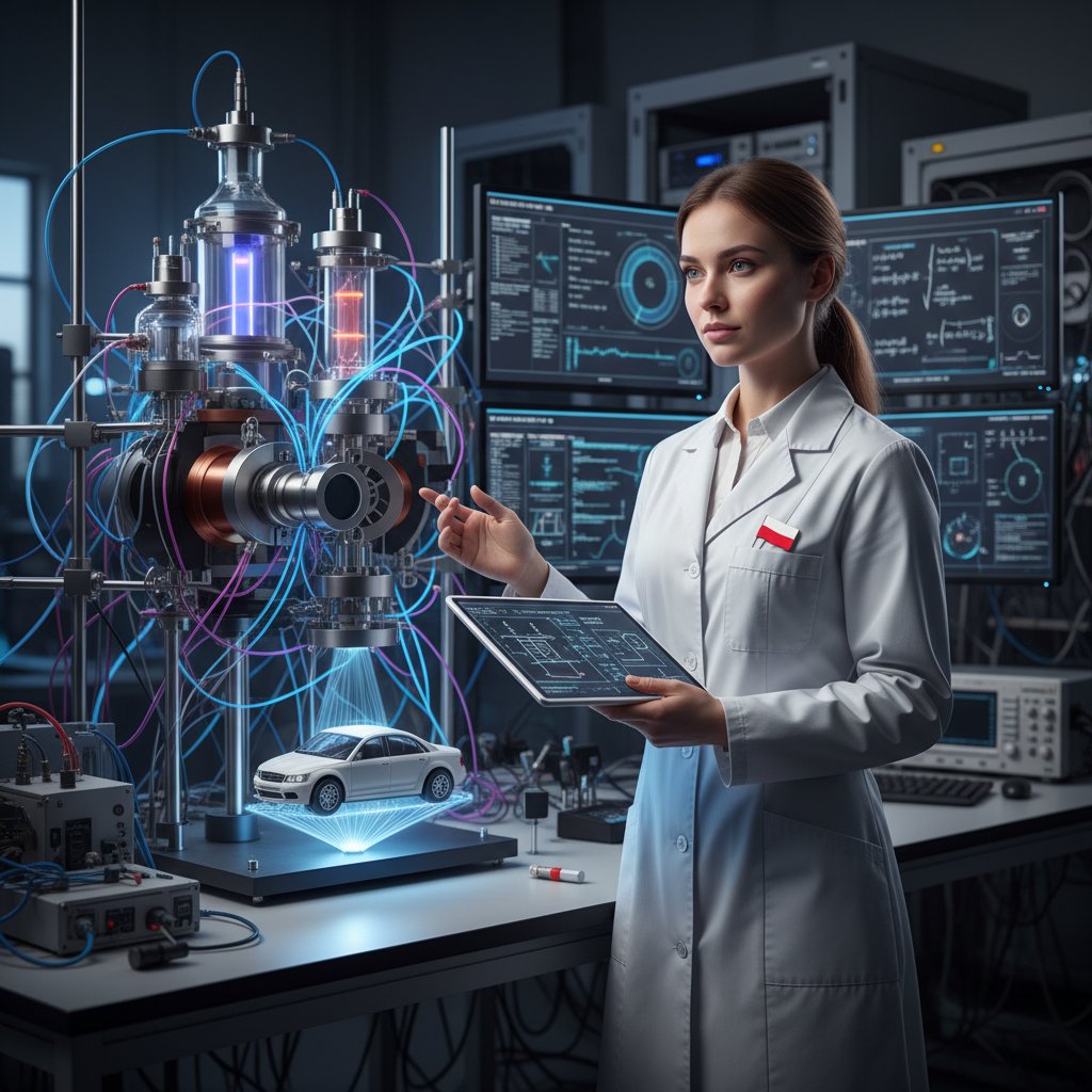 Młody polski inżynier pracujący w laboratorium, wykorzystanie wiedzy zdobytej na fizyce, nowoczesne technologie