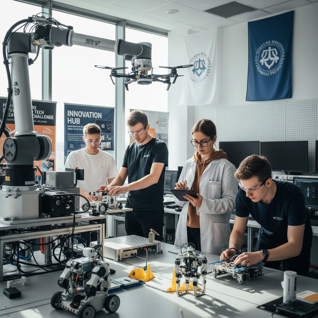 Zespół młodych polskich inżynierów testujących robota na uczelni