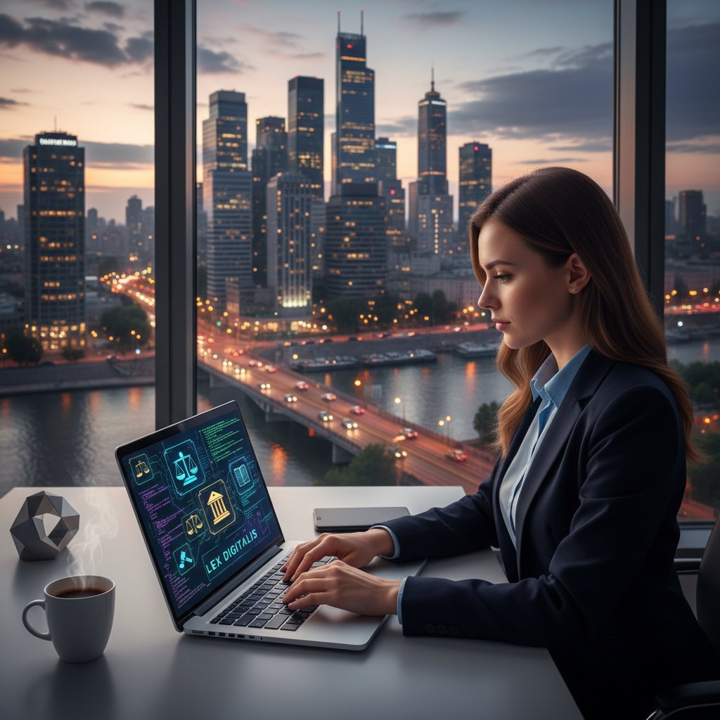 Młody przedsiębiorca uczy się prawa handlowego online, otoczony cyfrowymi ikonami prawa