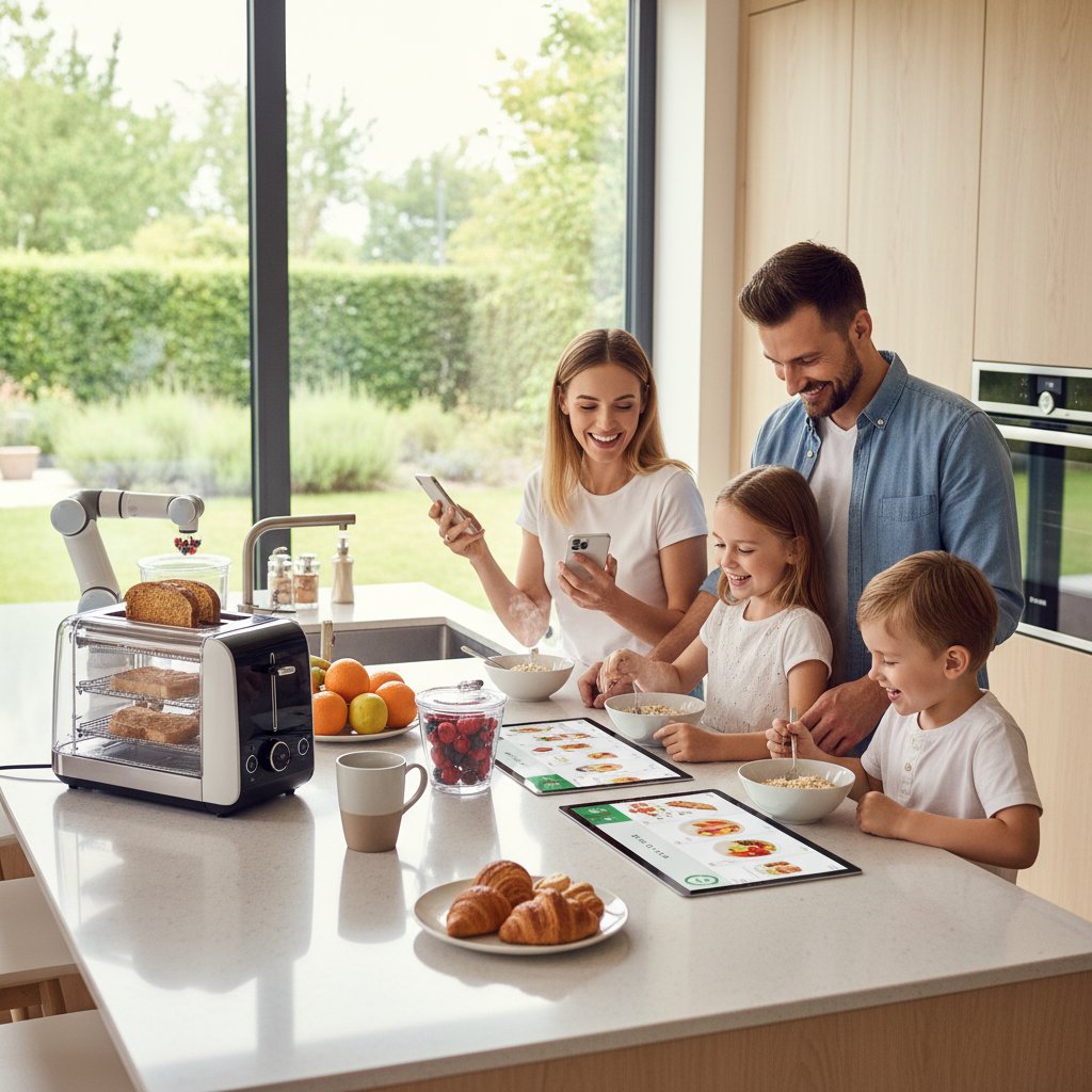 Młoda polska rodzina korzysta z inteligentnych urządzeń kuchennych i aplikacji, scena śniadaniowa, optymizm, słowa kluczowe: przyszłość diety, AI, technologia żywienia