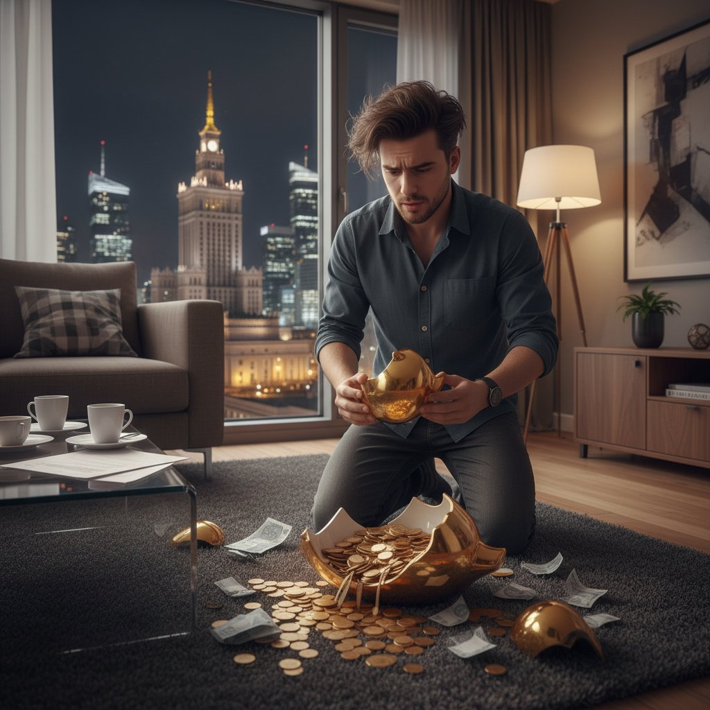 Młody inwestor patrzący zrezygnowany na rozbitą złotą skarbonkę, nocne światła Warszawy