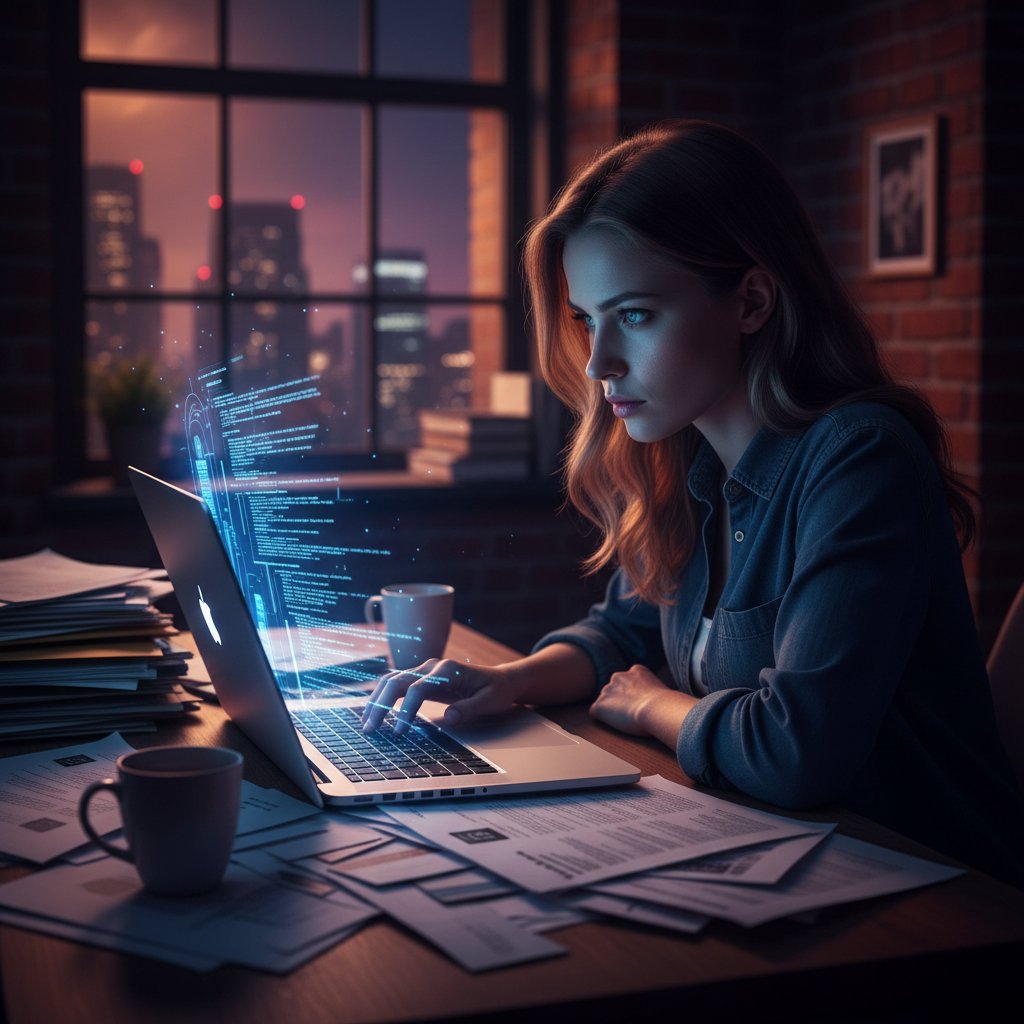 Młody kandydat piszący list motywacyjny online na laptopie, dokumenty i kod komputerowy na biurku, wieczorna atmosfera