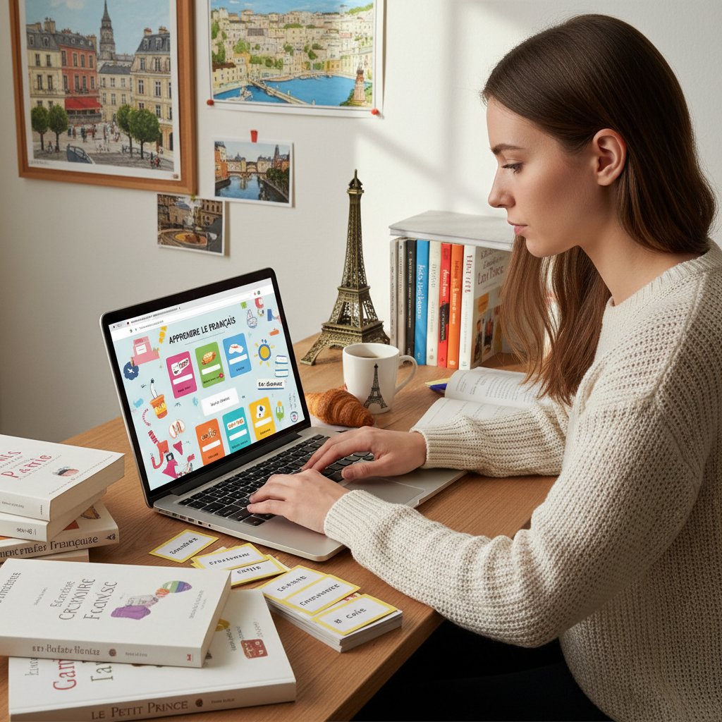 Osoba ucząca się francuskiego online z notatkami, laptopem i francuskimi książkami