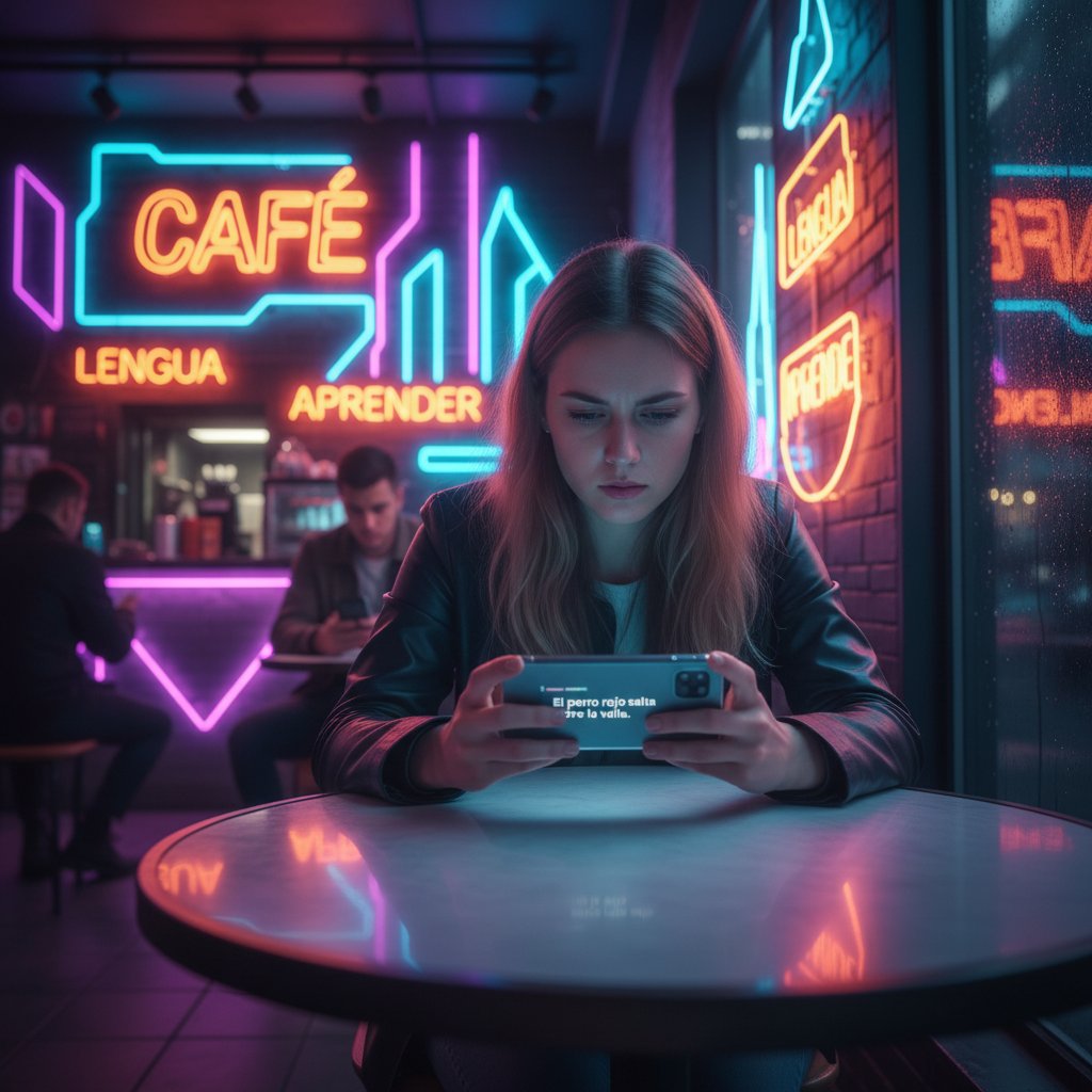 Młody Polak czyta hiszpańskie teksty na smartfonie w kawiarni, odblaski neonu, intensywna atmosfera nauki