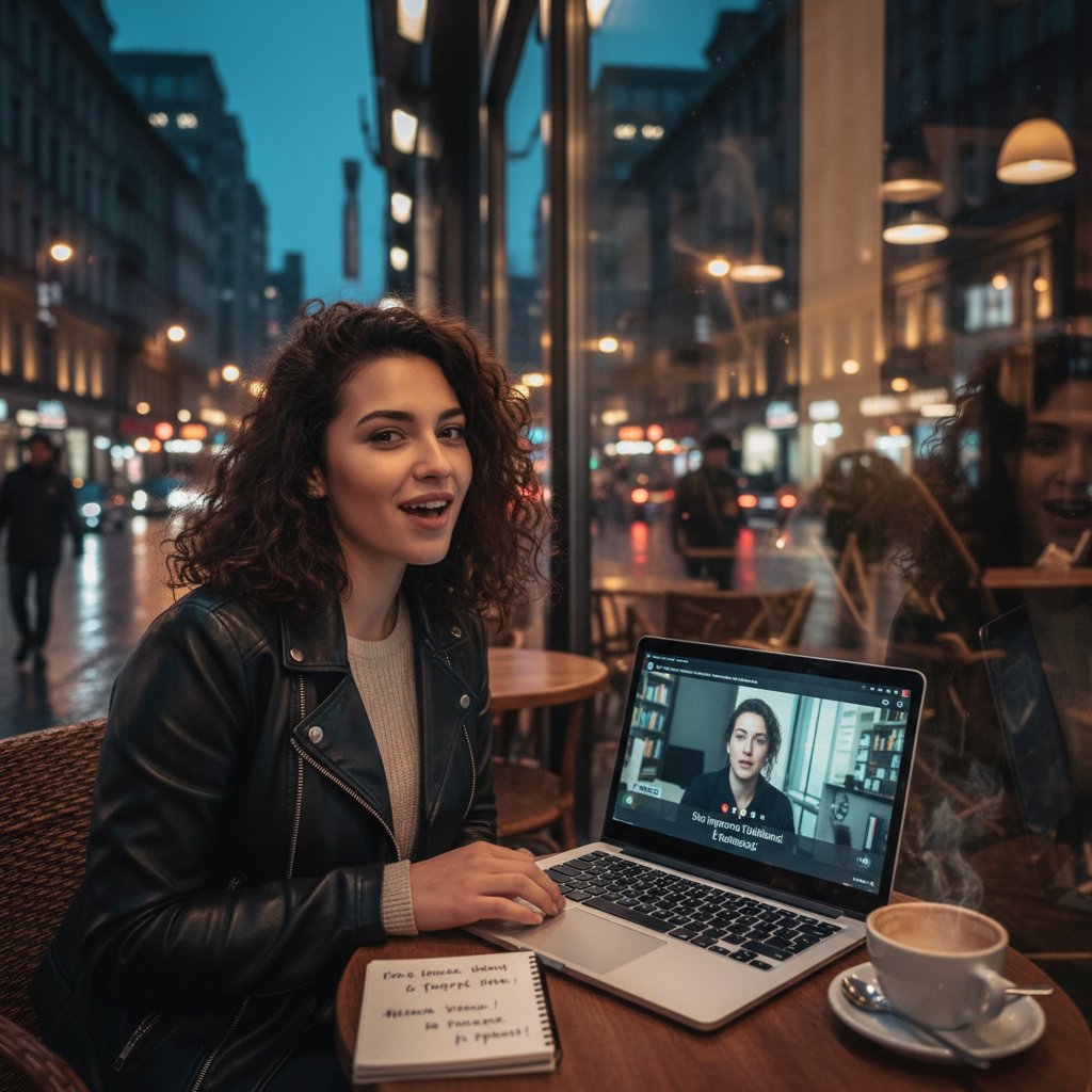 Młody Polak uczący się mówić po włosku przy laptopie w nocnym mieście, z wyraźnym skupieniem