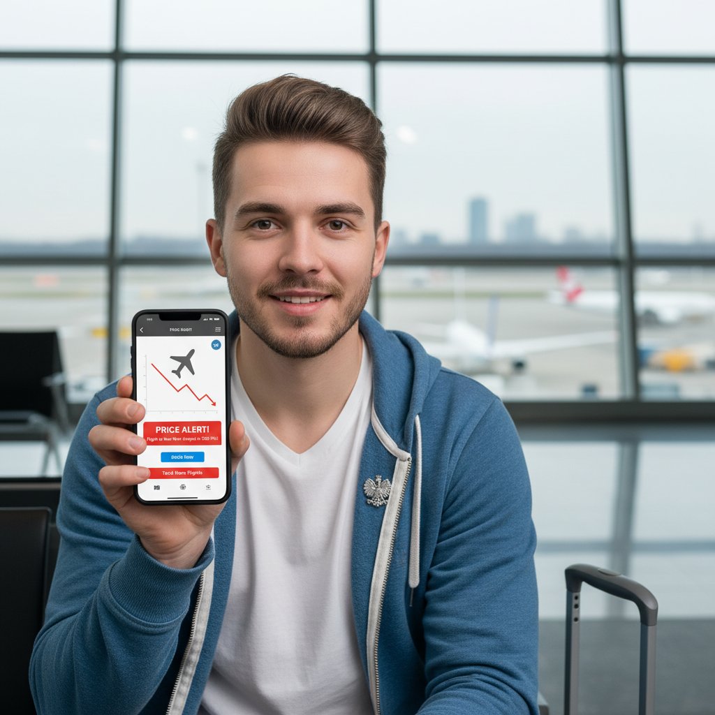 Młody Polak patrzący na ekran smartfona z wyświetlonym powiadomieniem o podwyżce ceny biletu