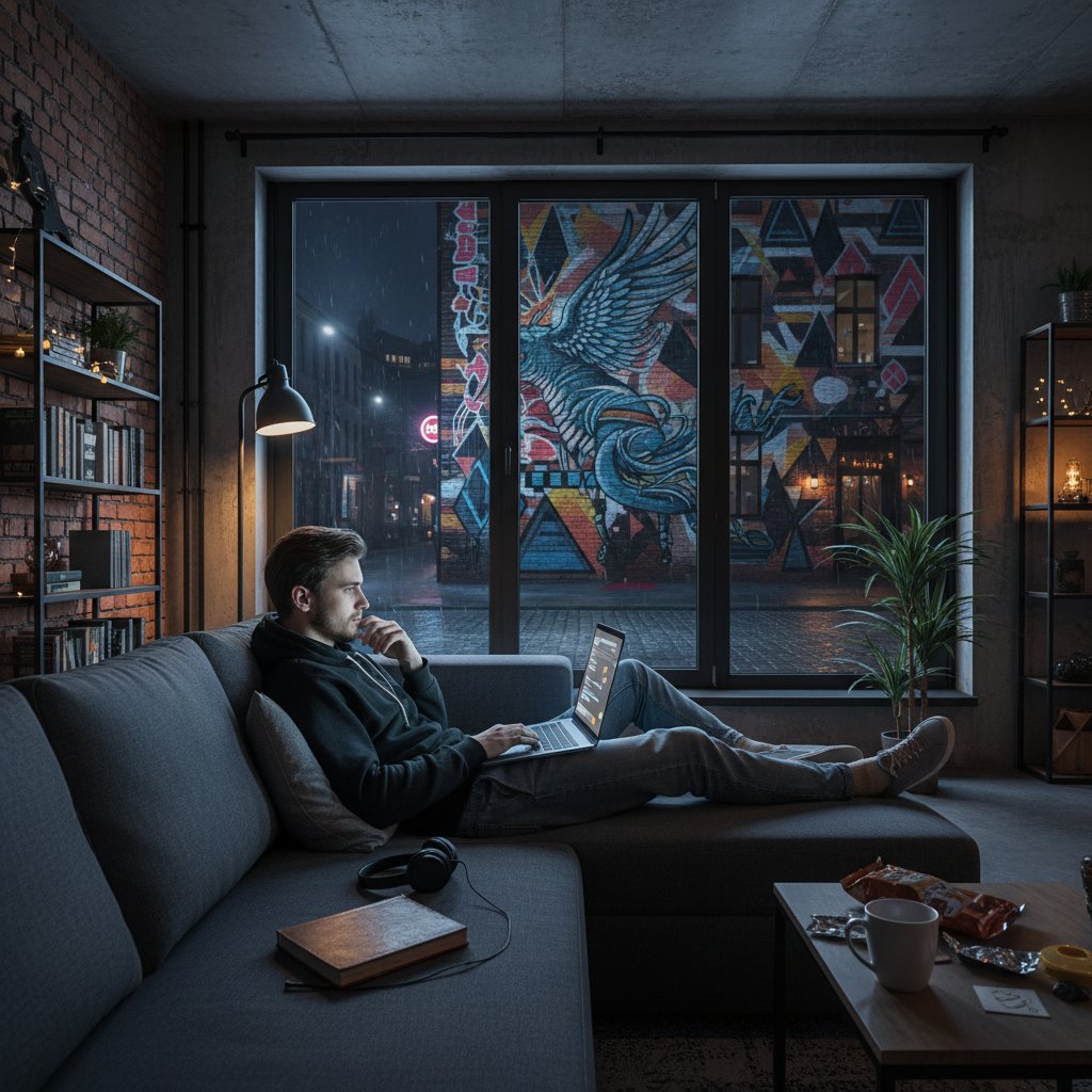 Młody Polak z laptopem, pogrążony w myślach podczas wieczornej rozmowy online, motyw samotności w mieście