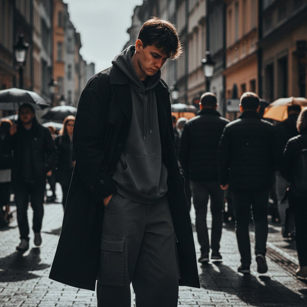 Młody mężczyzna z niedowagą na tle tłumu w polskim mieście