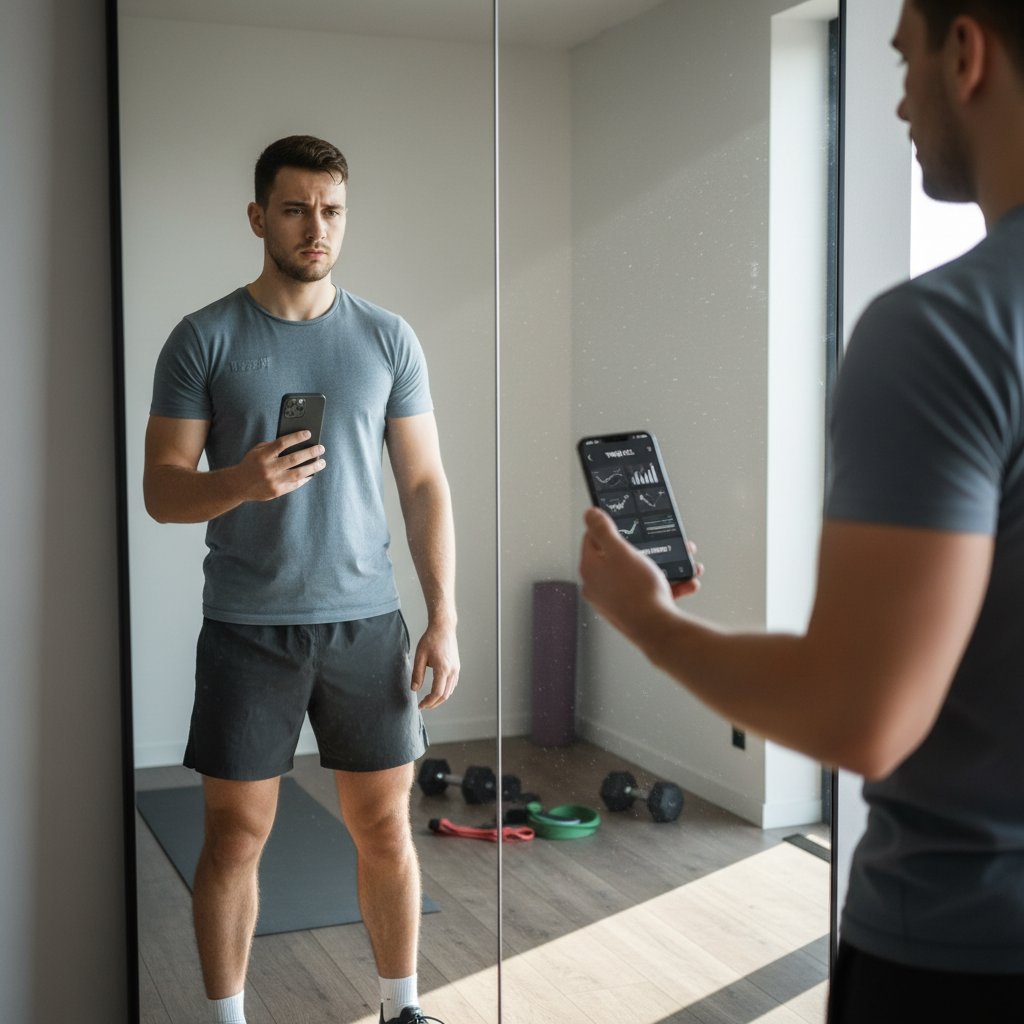 Młody Polak patrzy niepewnie na ekran aplikacji fitness na tle domowego lustra