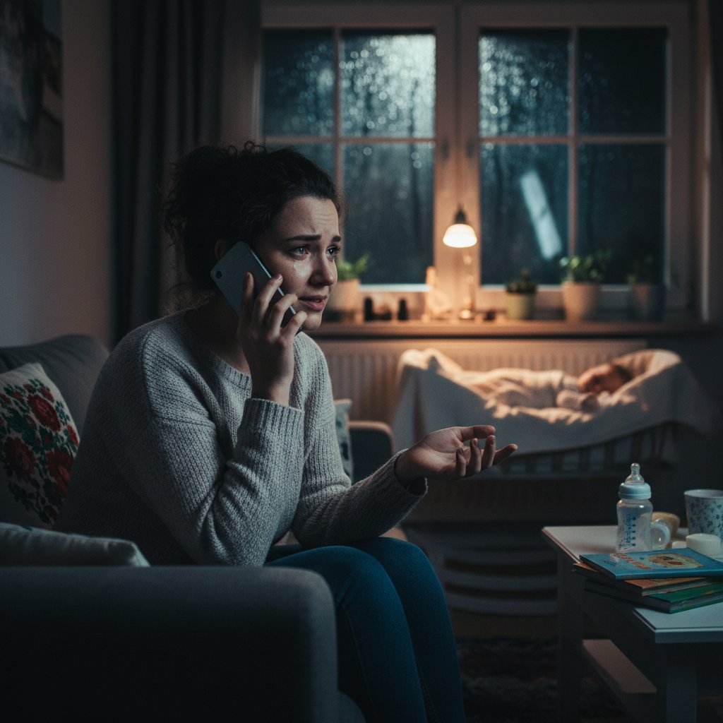 Młoda mama w Polsce szuka wsparcia online nocą, trzyma telefon z wyczerpanym wyrazem twarzy