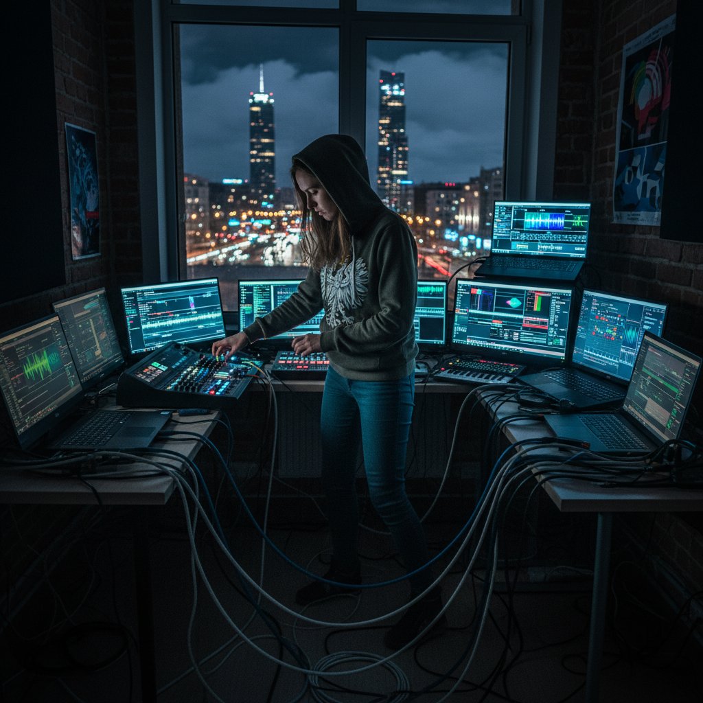 Młody polski muzyk otoczony świecącymi ekranami i kablami audio w nocnej miejskiej scenerii