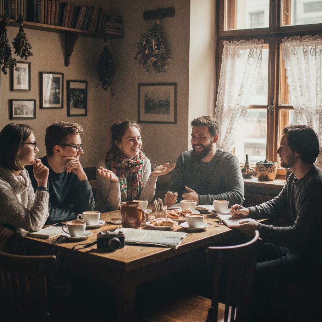 Zdjęcie młodych Polaków rozmawiających w kawiarni, atmosfera autentyczności i bliskości zamiast masowego scrollowania