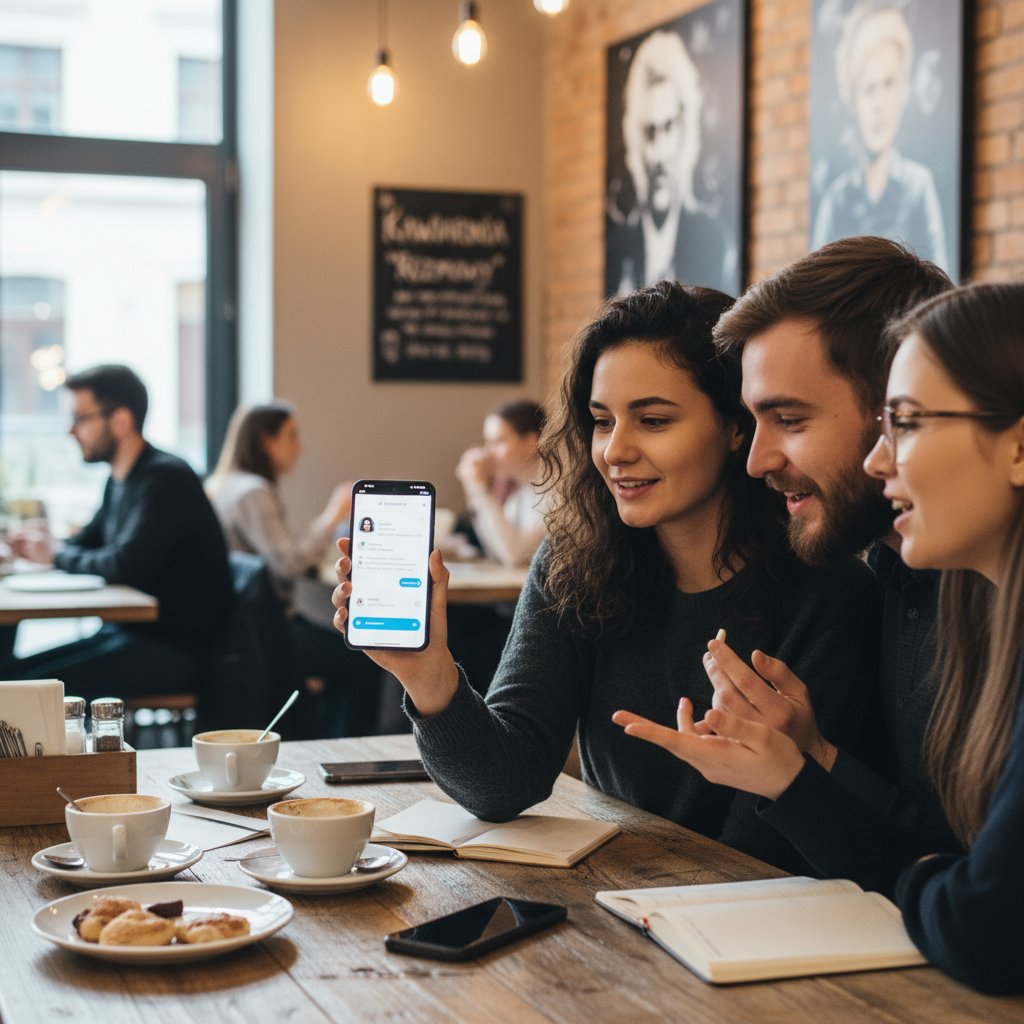 Młodzi Polacy rozmawiający z AI na smartfonach, atmosfera swobodnej rozmowy, polska kawiarnia