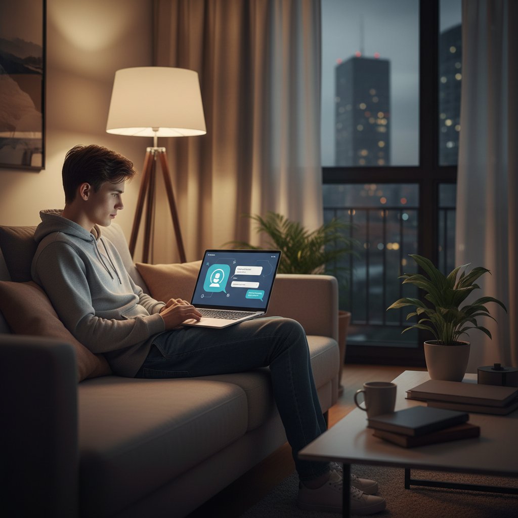 Polski młody człowiek rozmawia z AI w nowoczesnym mieszkaniu, laptop, wieczór