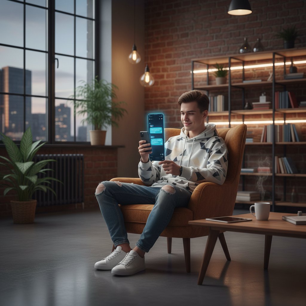 Młody Polak piszący na laptopie, na ekranie widoczny AI-czat, otoczenie miejskie, nowoczesne wnętrze